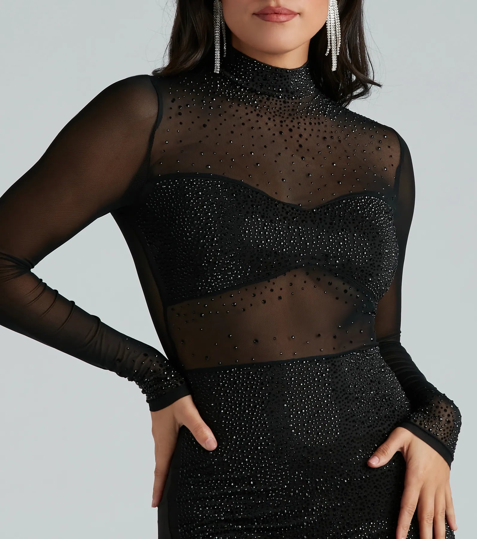 Ultimate Glam Rhinestone Sheer Mini Dress - Showstopping Party Wear