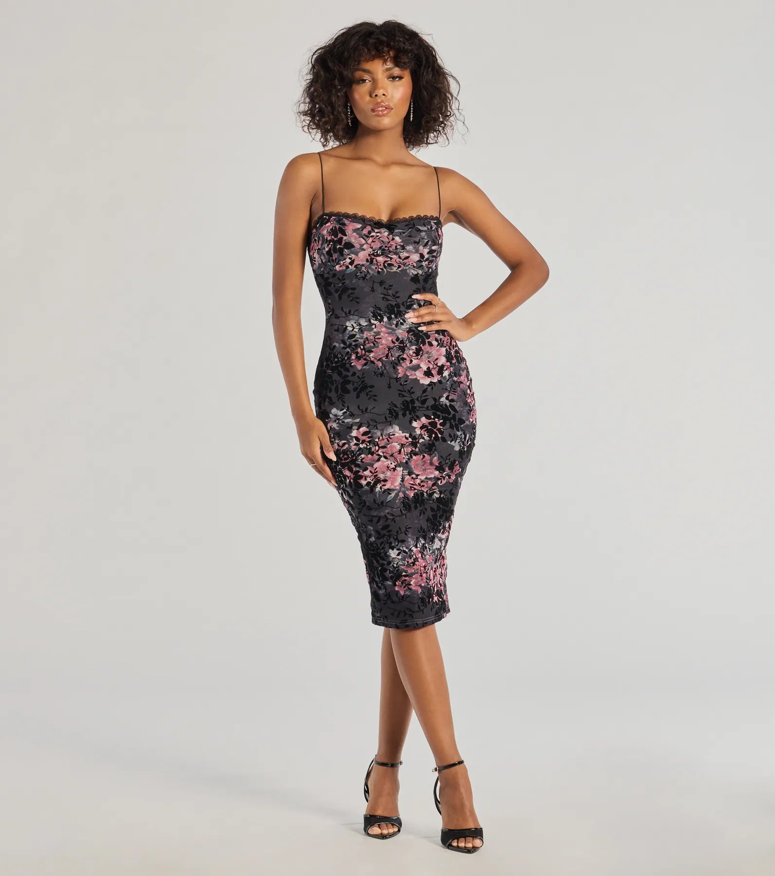 Premium Velvet Flocked Floral Mesh Bodycon Dress - Cocktail Party Essential