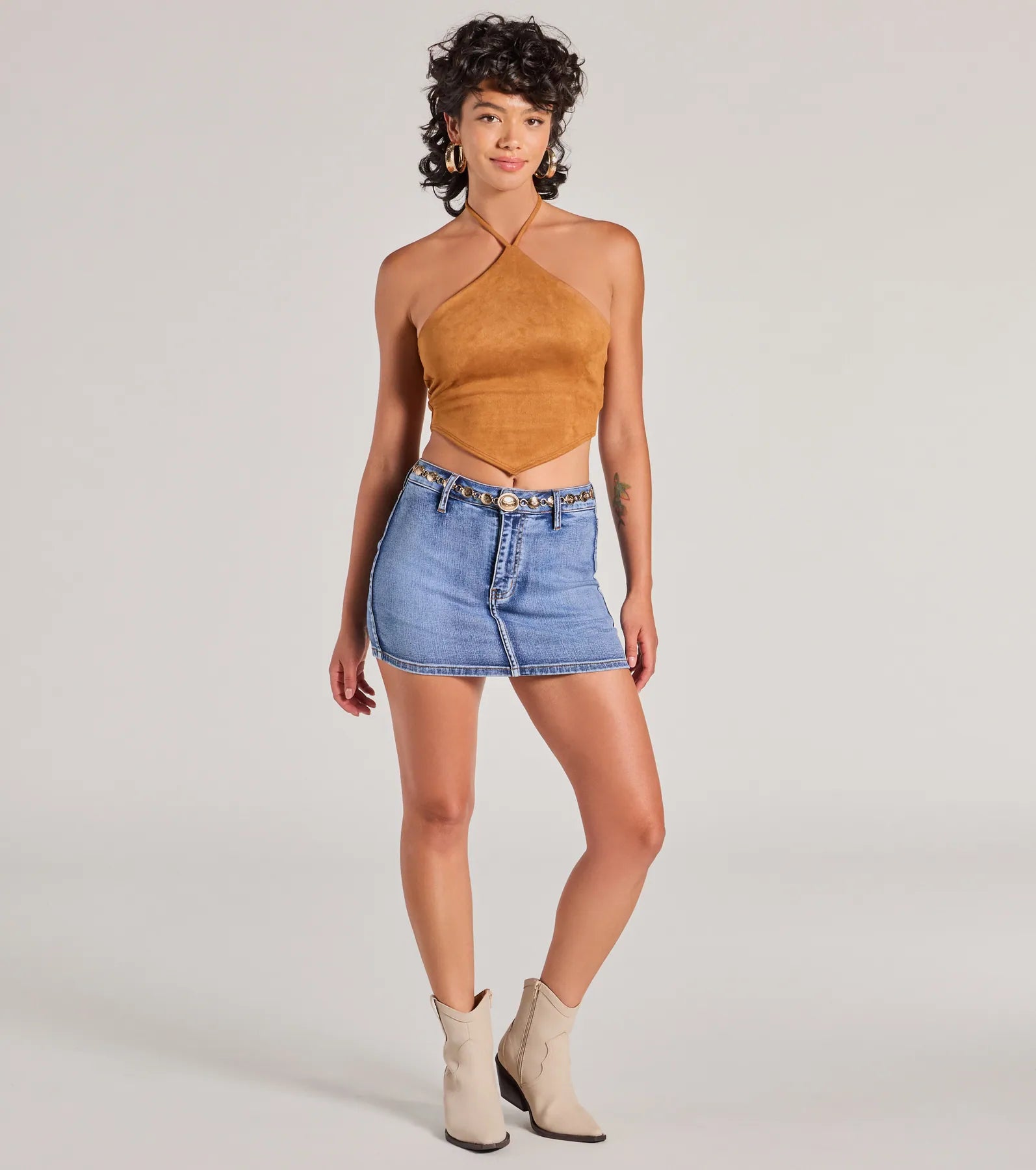 Premium Western Style Faux Suede Halter Crop Top