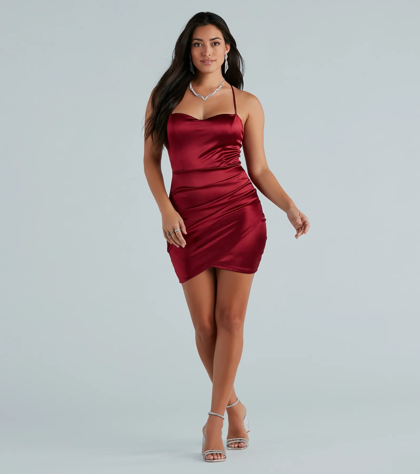 Ultimate Glamour Rhinestone Satin Mini Dress - Major Vibe Collection