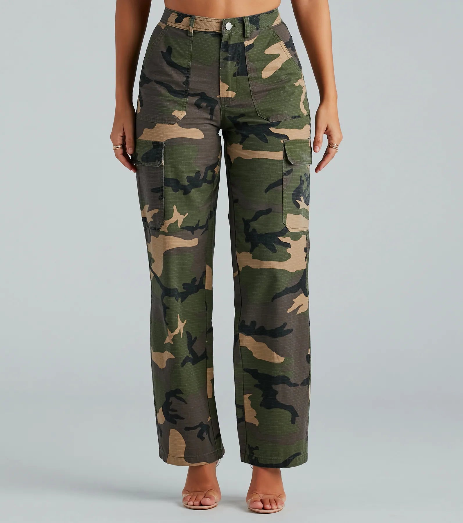 Premium Camo Cargo Pants – Ultimate High-Rise Wide-Leg Style