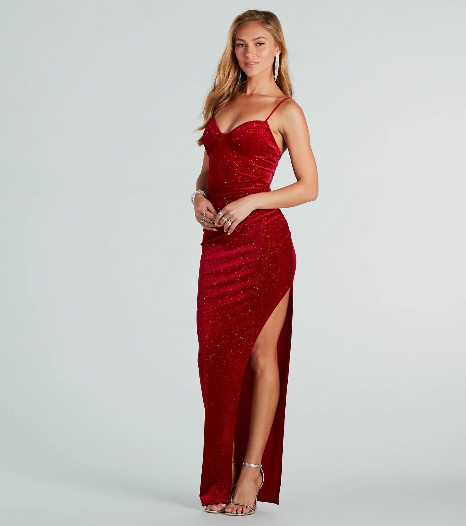 Premium Massie Glitter Velvet High-Slit Evening Dress