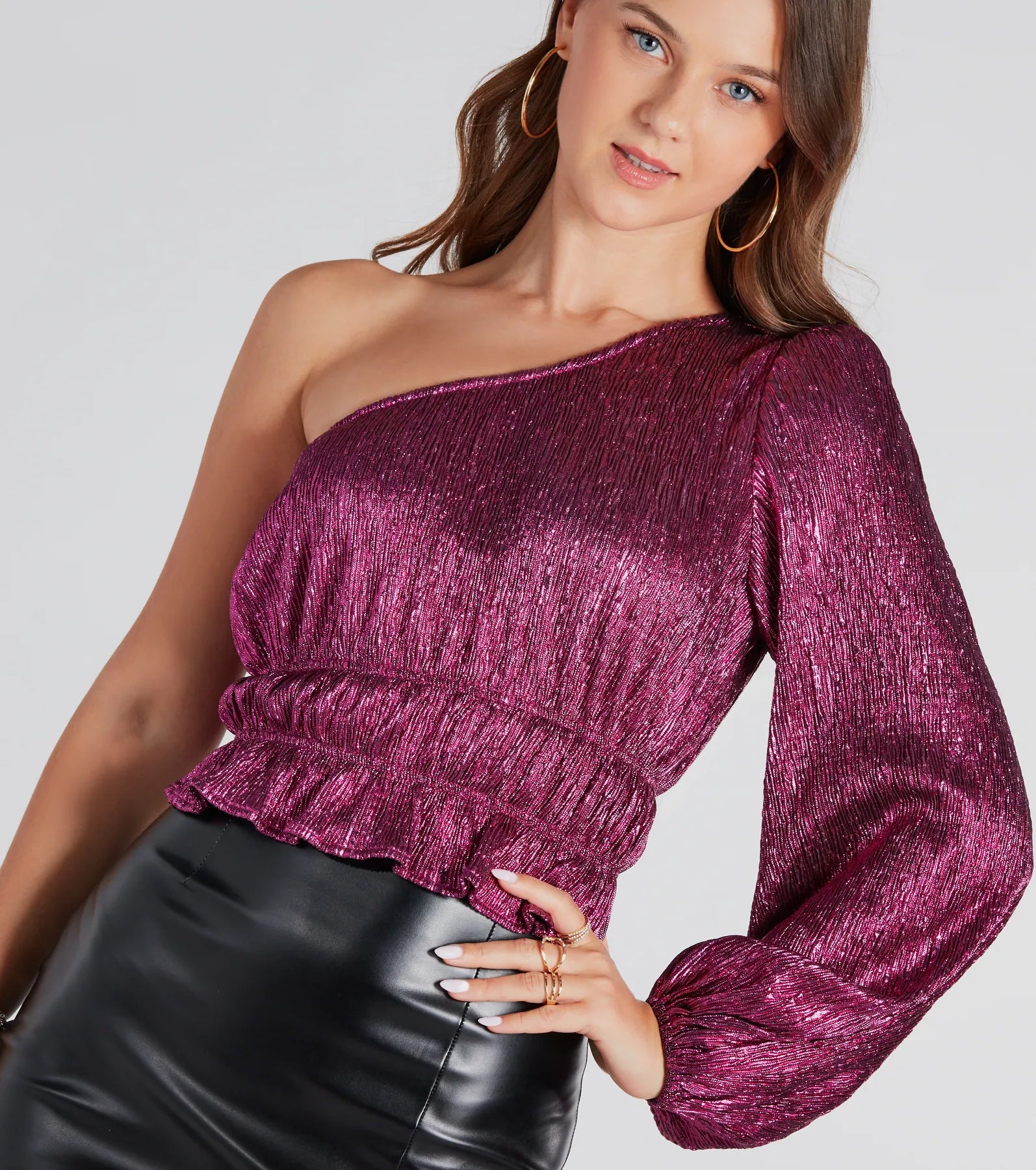 Premium Metallic Glam One-Shoulder Crop Top