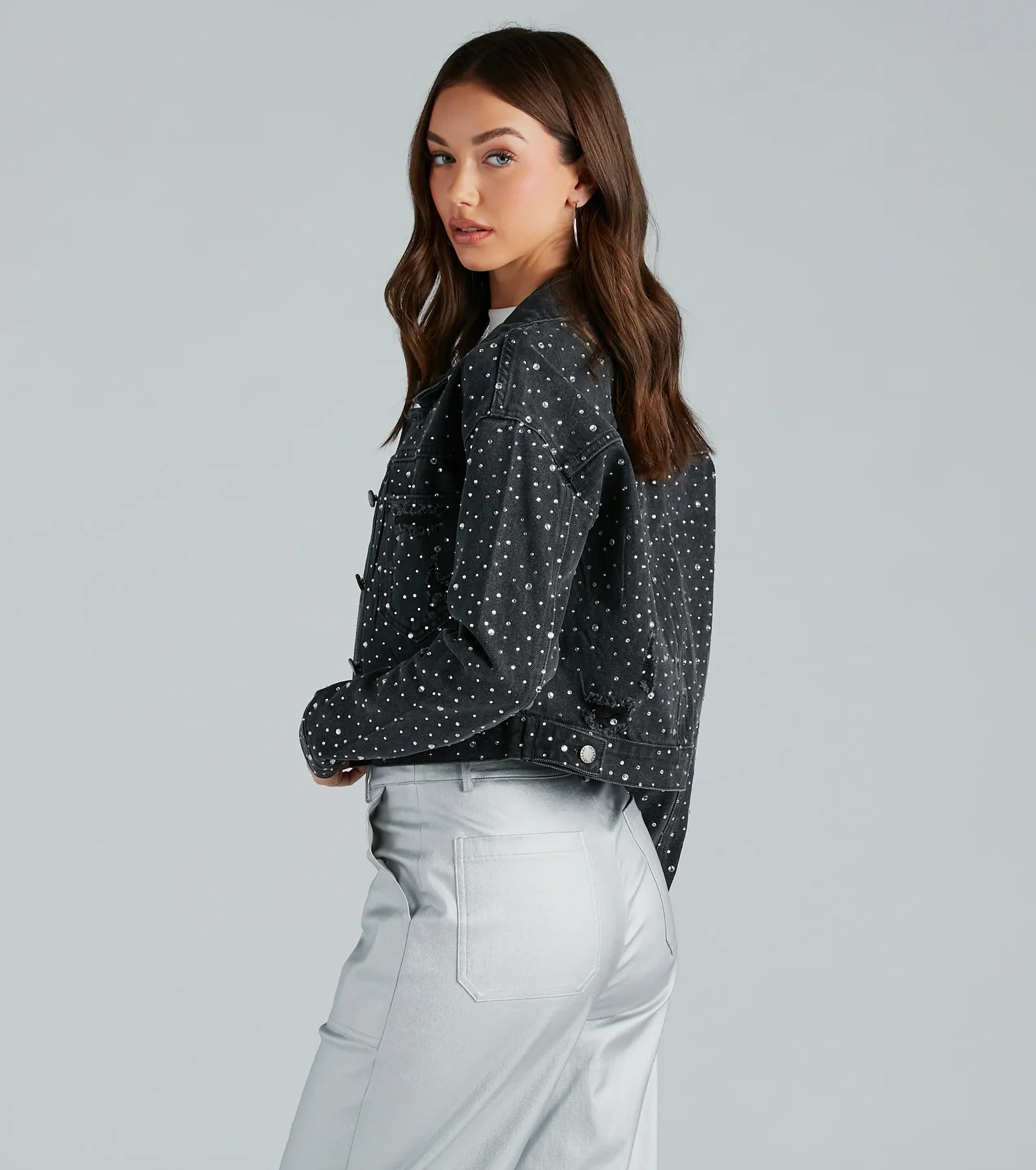 Ultimate Glamour Rhinestone Cropped Denim Jacket – Casual Chic Style