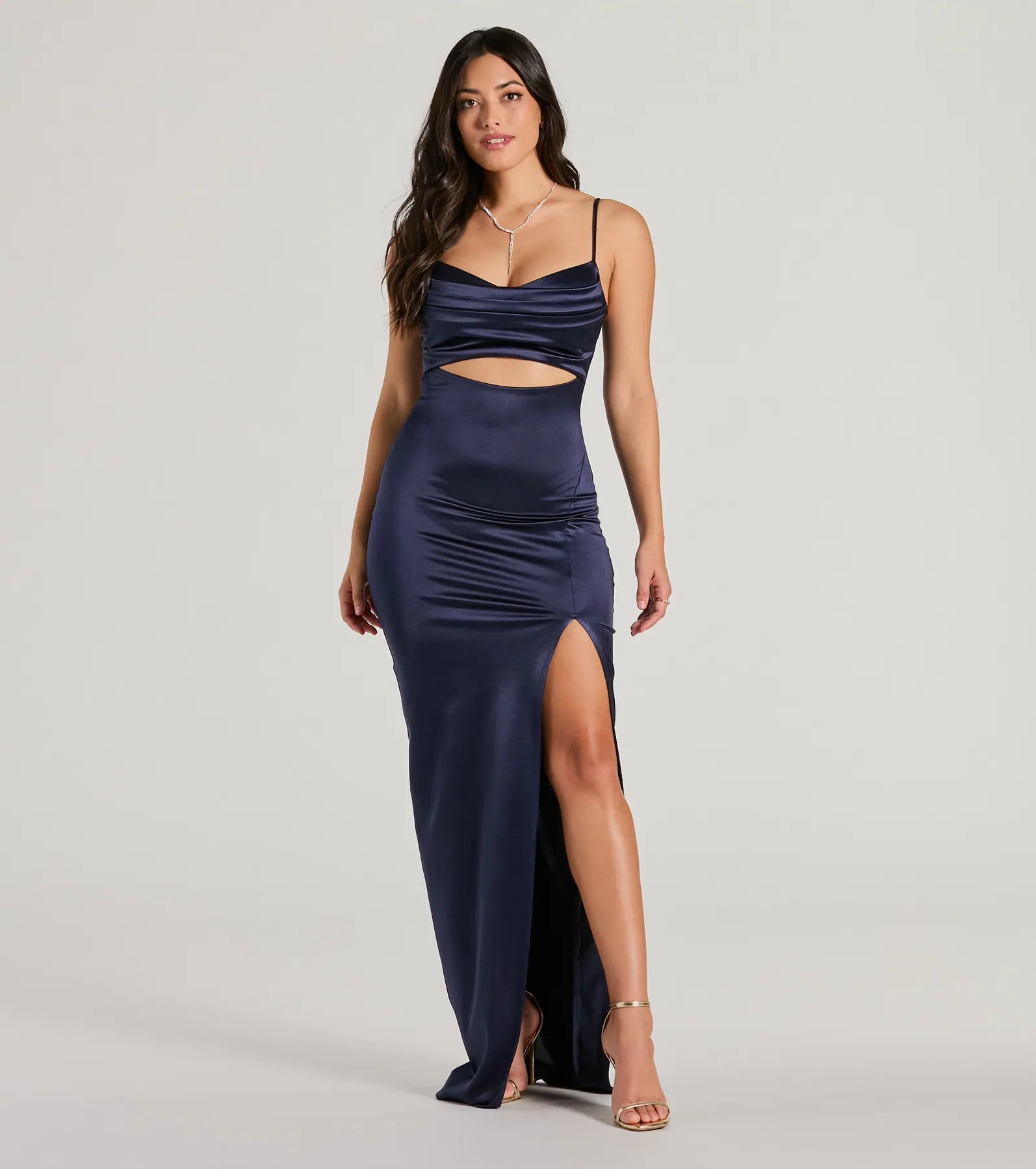 Premium Kyla Satin Formal Dress with Cutout & High Slit