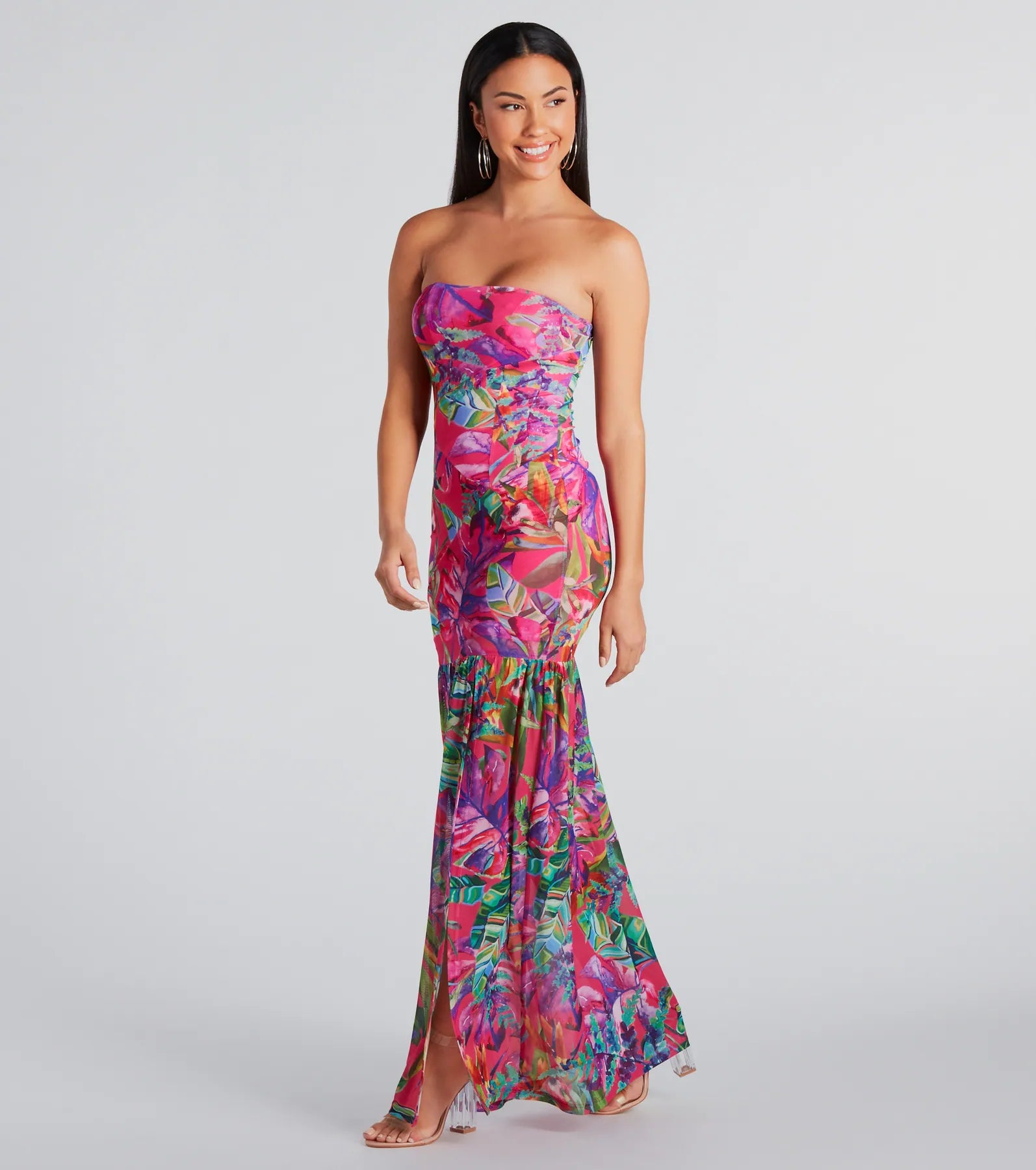 Ultimate Tropical Elegance: Strapless Ruffle Maxi Dress