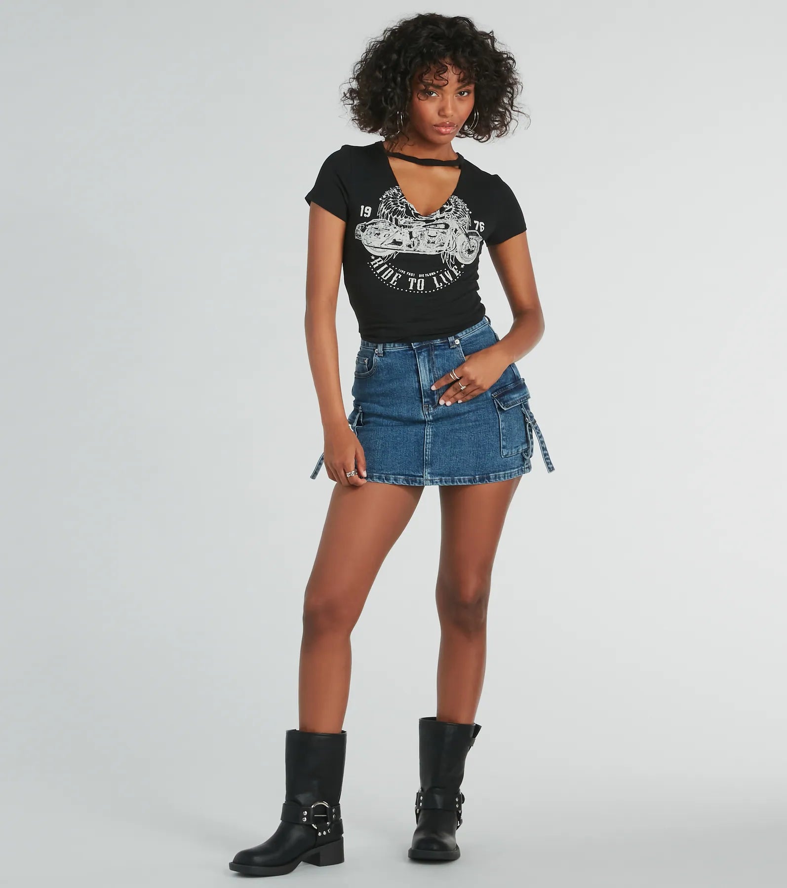 Premium Moto Babe Graphic Tee with V-Neck Cutout