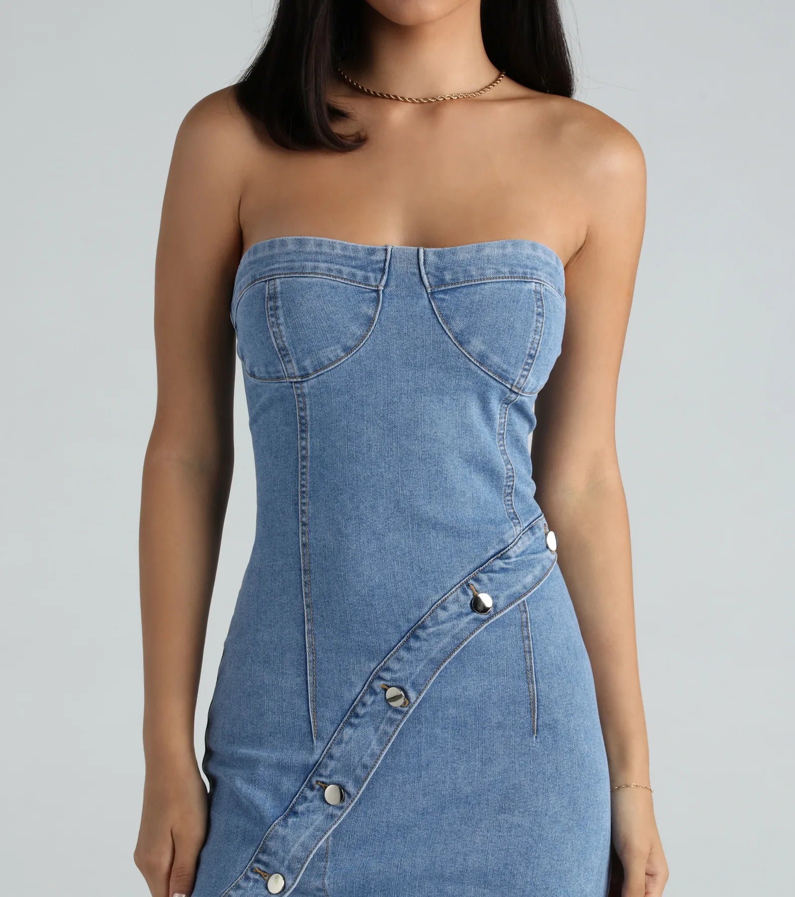 Ultimate Strapless Denim Mini Dress - Button Front Design