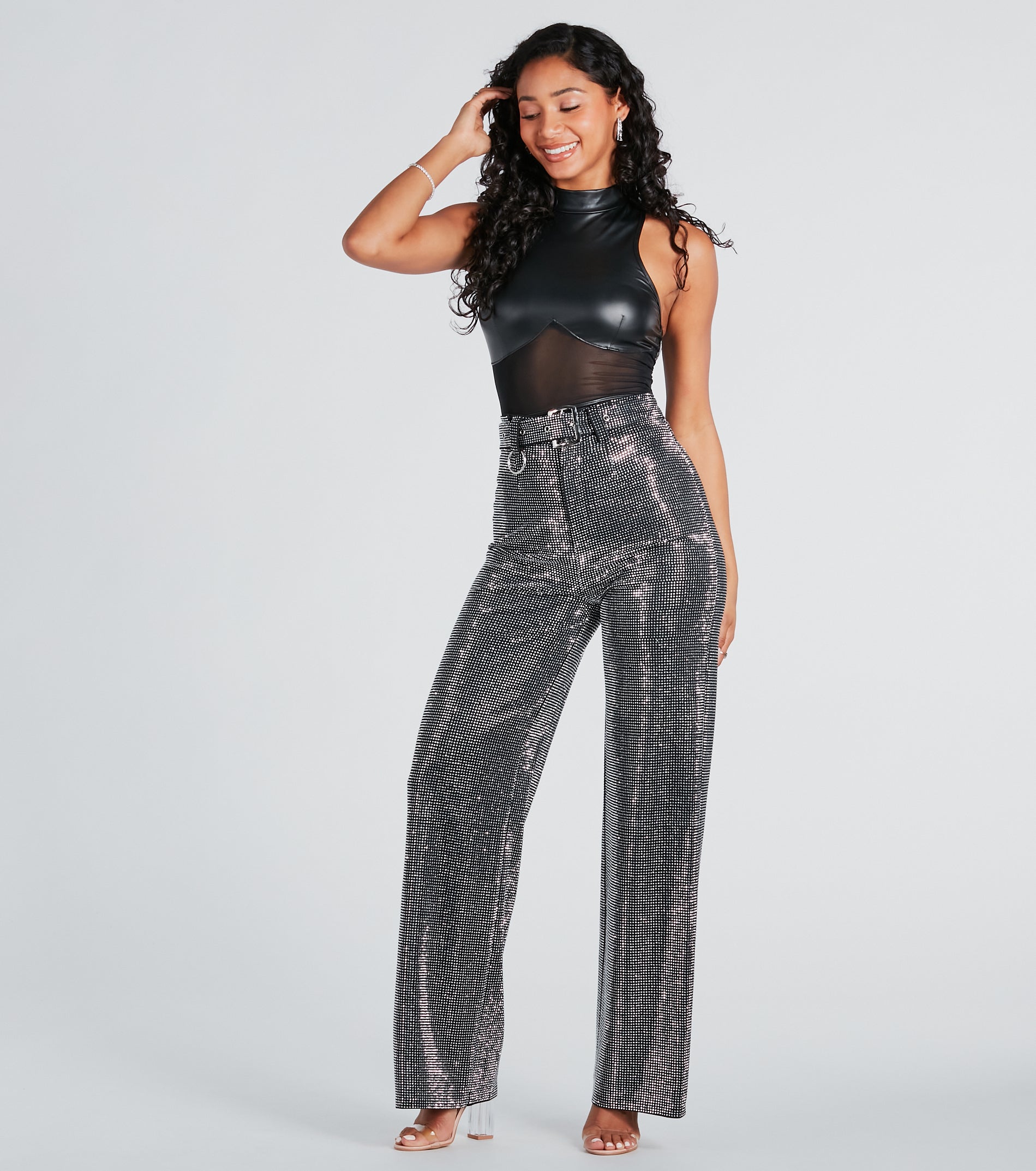 Ultimate Glam Rhinestone Belted Wide-Leg Pants