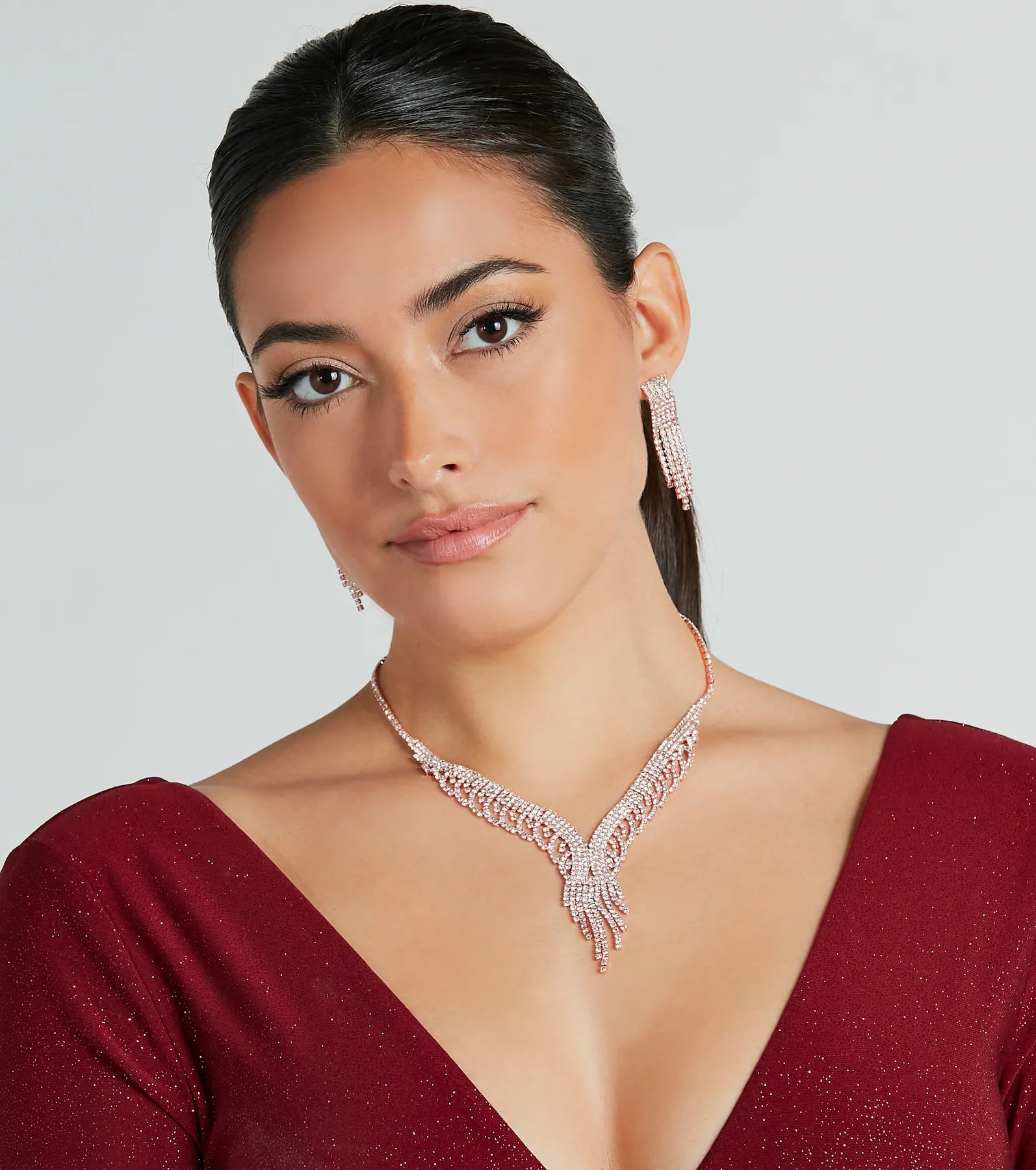 Premium Rhinestone Glamour Necklace & Earrings Set for Fancy Soiree