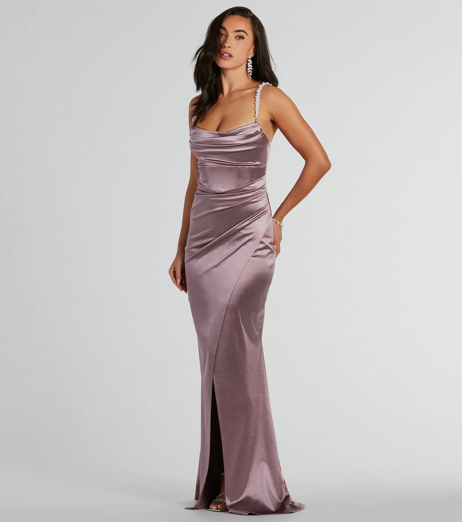 Premium Sam Faux Pearl Strap Mermaid Satin Gown