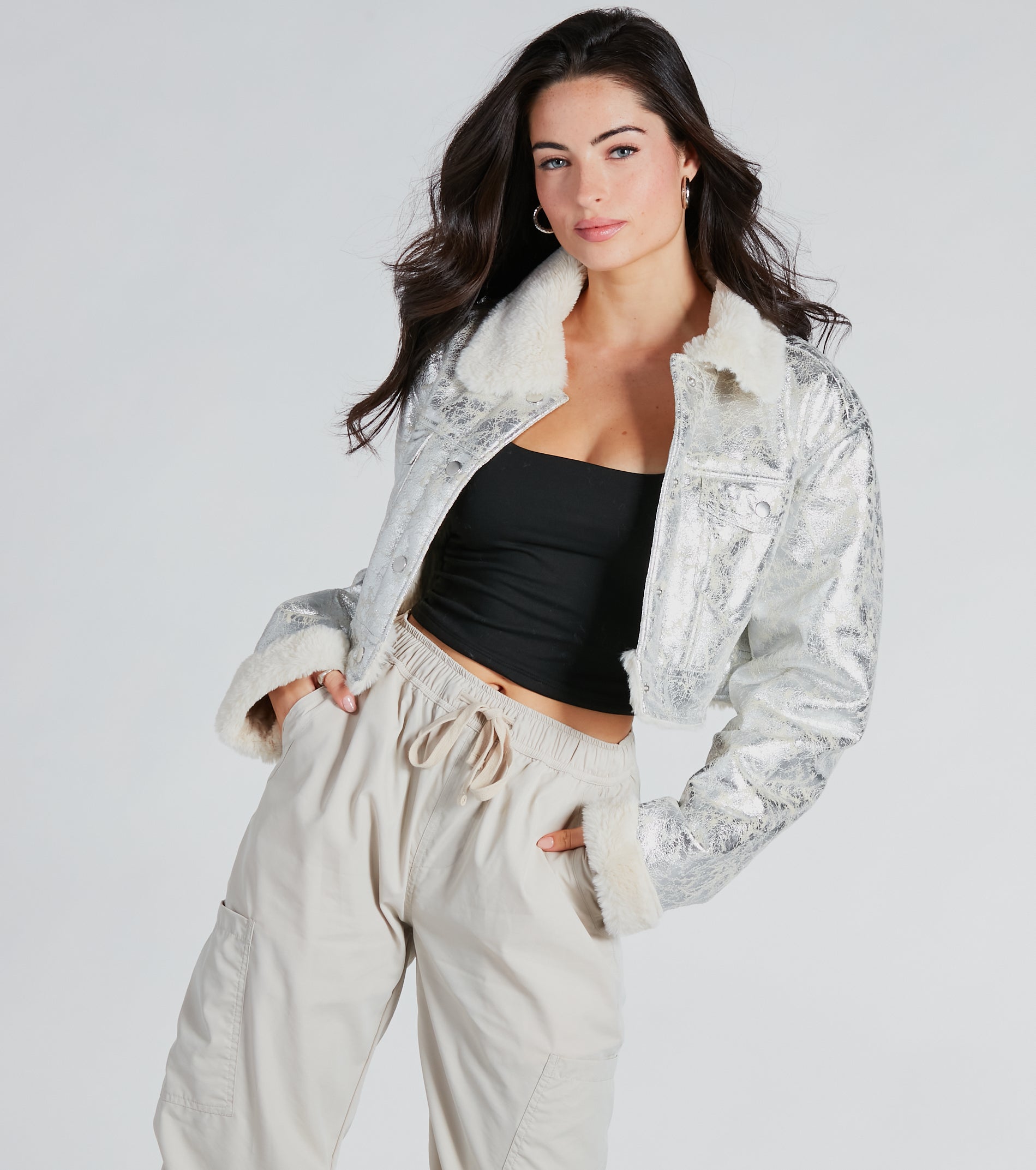 Premium Pop Diva Metallic Faux Fur Crop Jacket