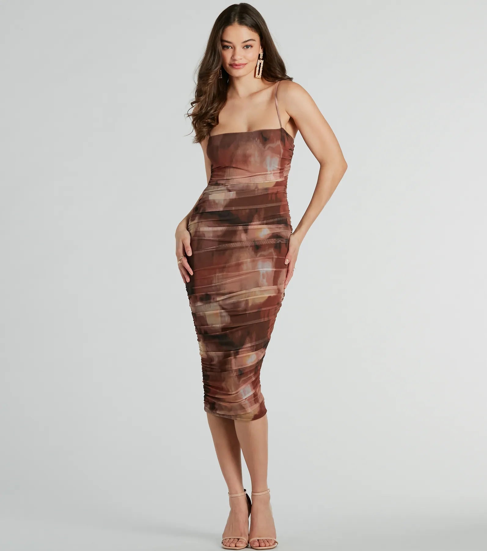 Premium Abstract Babe Ruched Mesh Midi Dress - Ultimate Style Upgrade