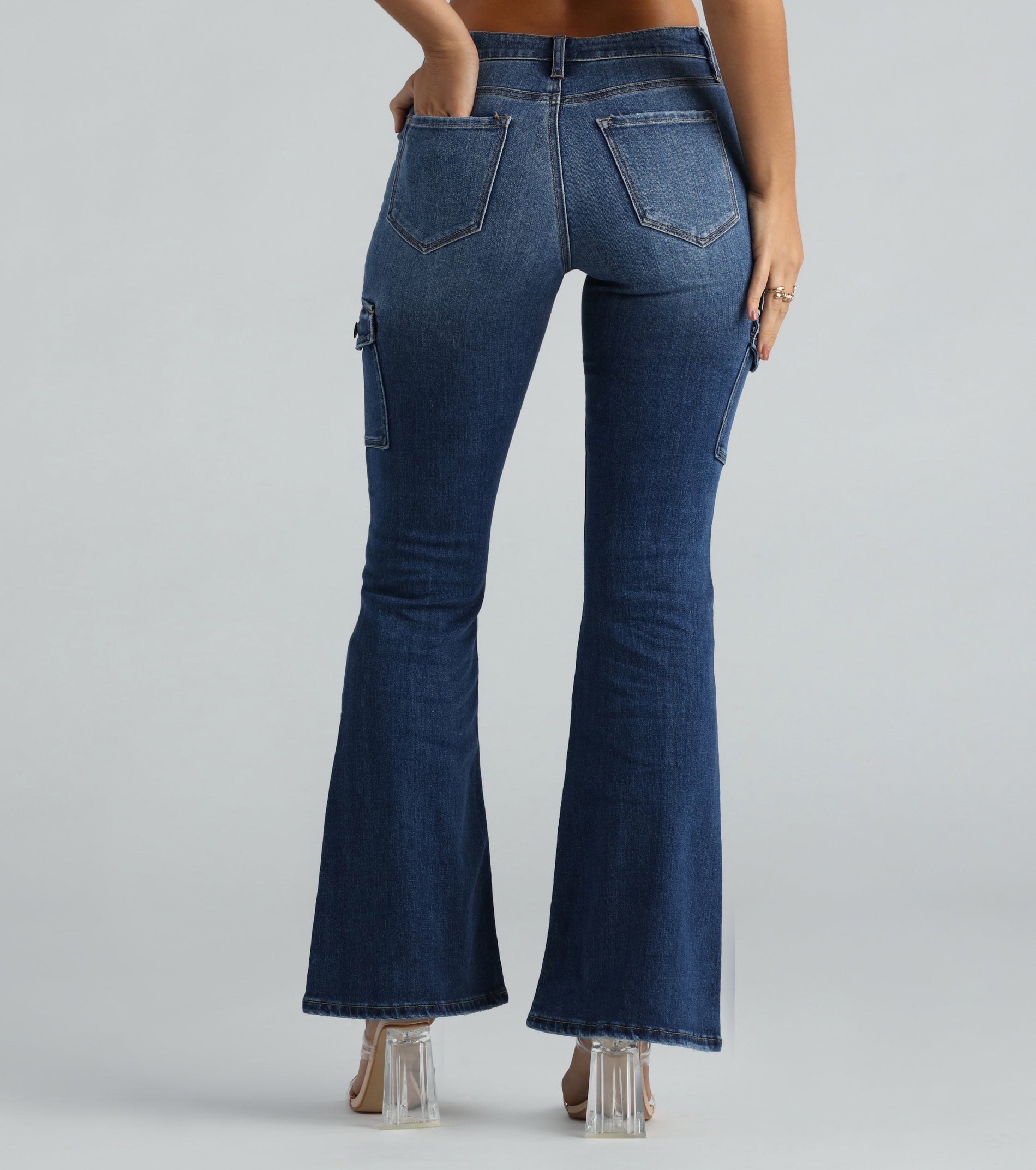 Ultimate High-Rise Cargo Flare Denim Jeans - Vintage Wash