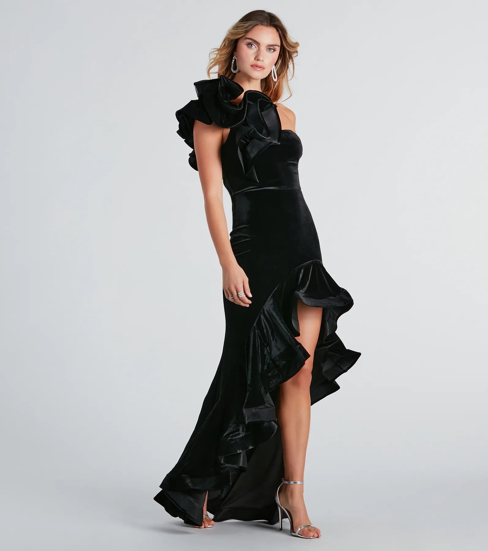 Premium Beatrice Velvet Ruffle High-Low Evening Dress