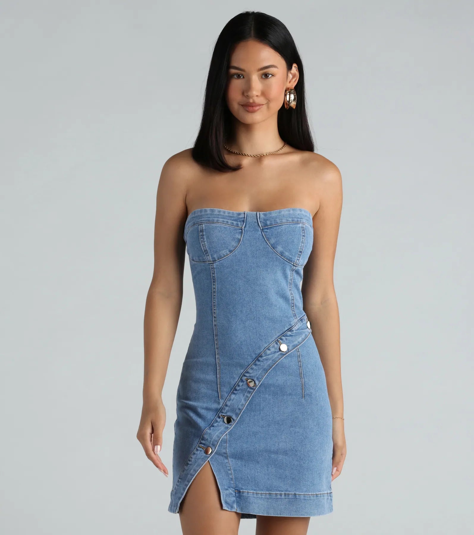 Ultimate Strapless Denim Mini Dress - Button Front Design