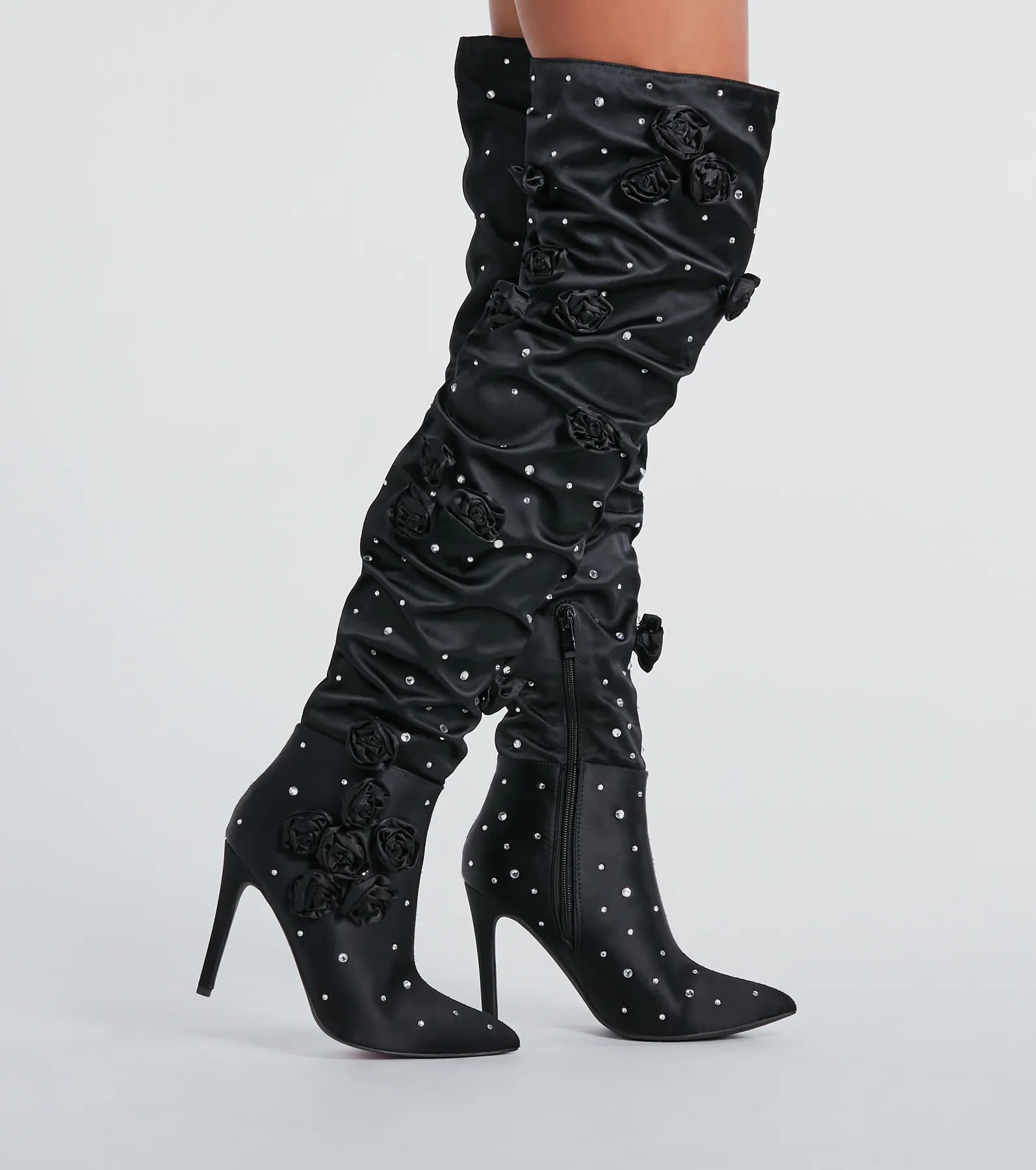 Ultimate Glam Rhinestone & Rosette Thigh-High Boots