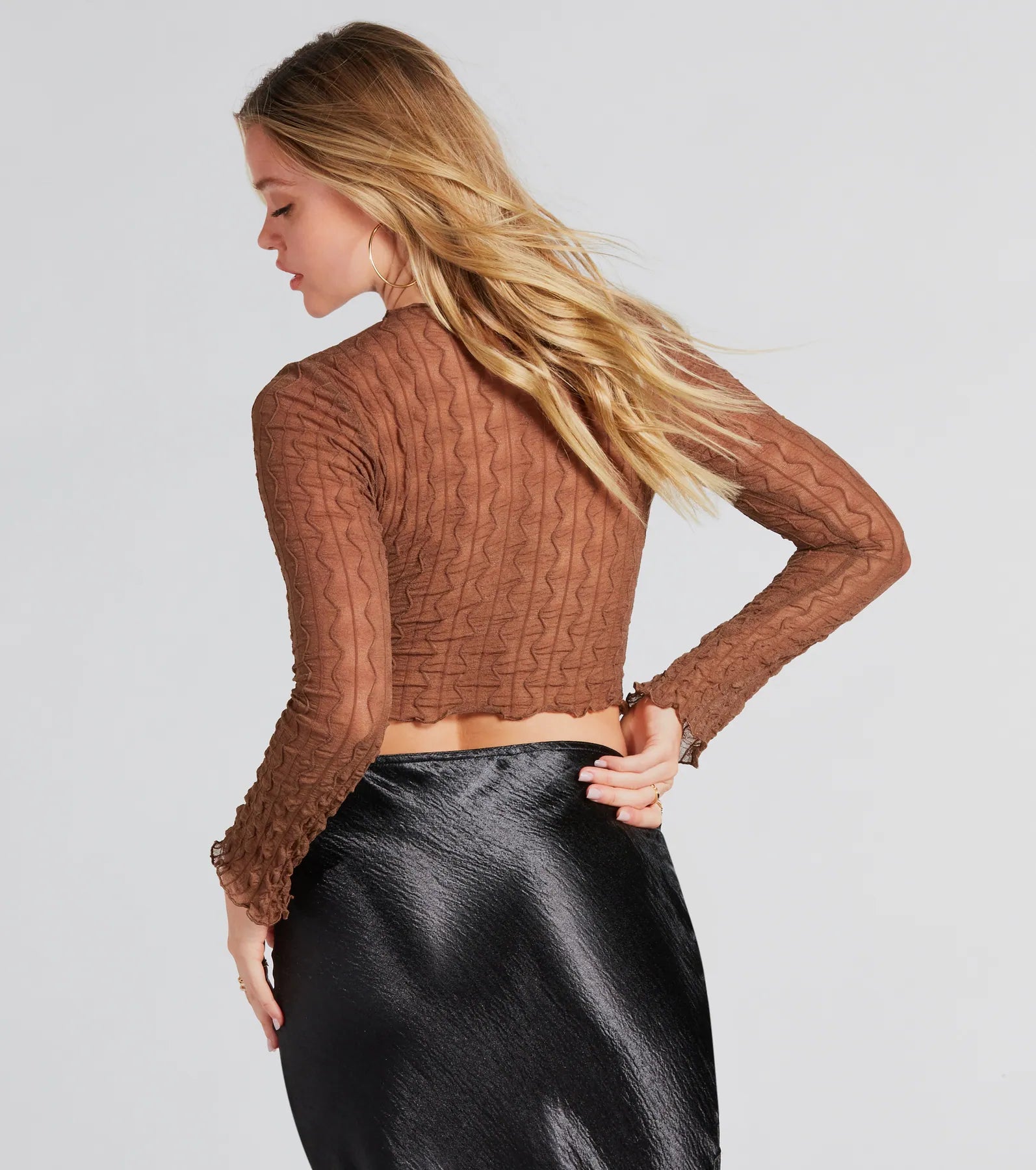 Premium Sheer Texture Mock Neck Crop Top - Effortless Chic Style