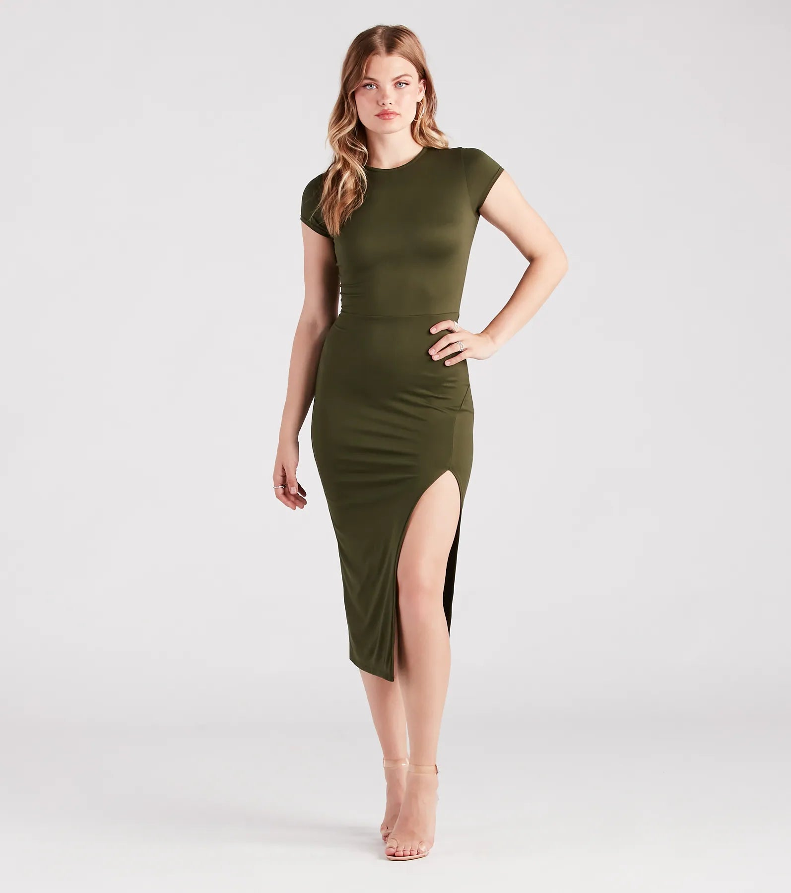 Ultimate Elegance Crew Neck Slit Midi Dress