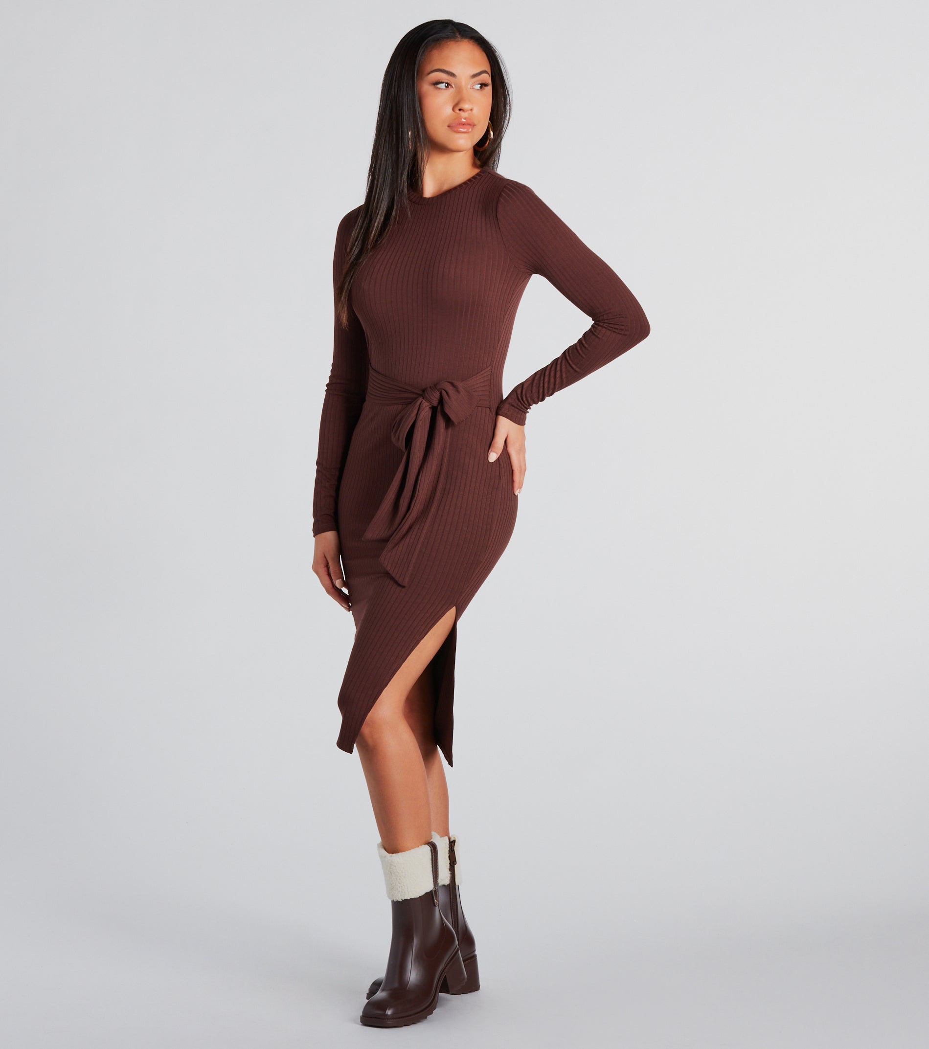 Premium Ribbed Knit Tie-Front Midi Dress - Effortless Elegance