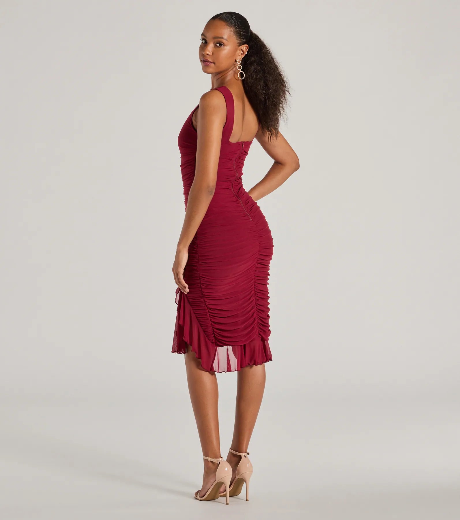 Elegant Casey Premium Mesh High Neck Ruffle Midi Dress