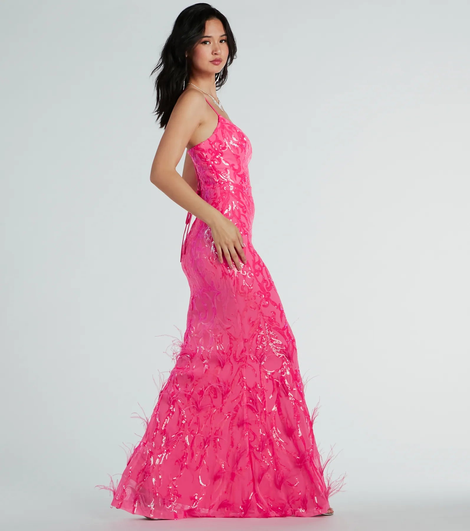 Ultimate Nina Lace-Up Feather Mermaid Sequin Evening Gown