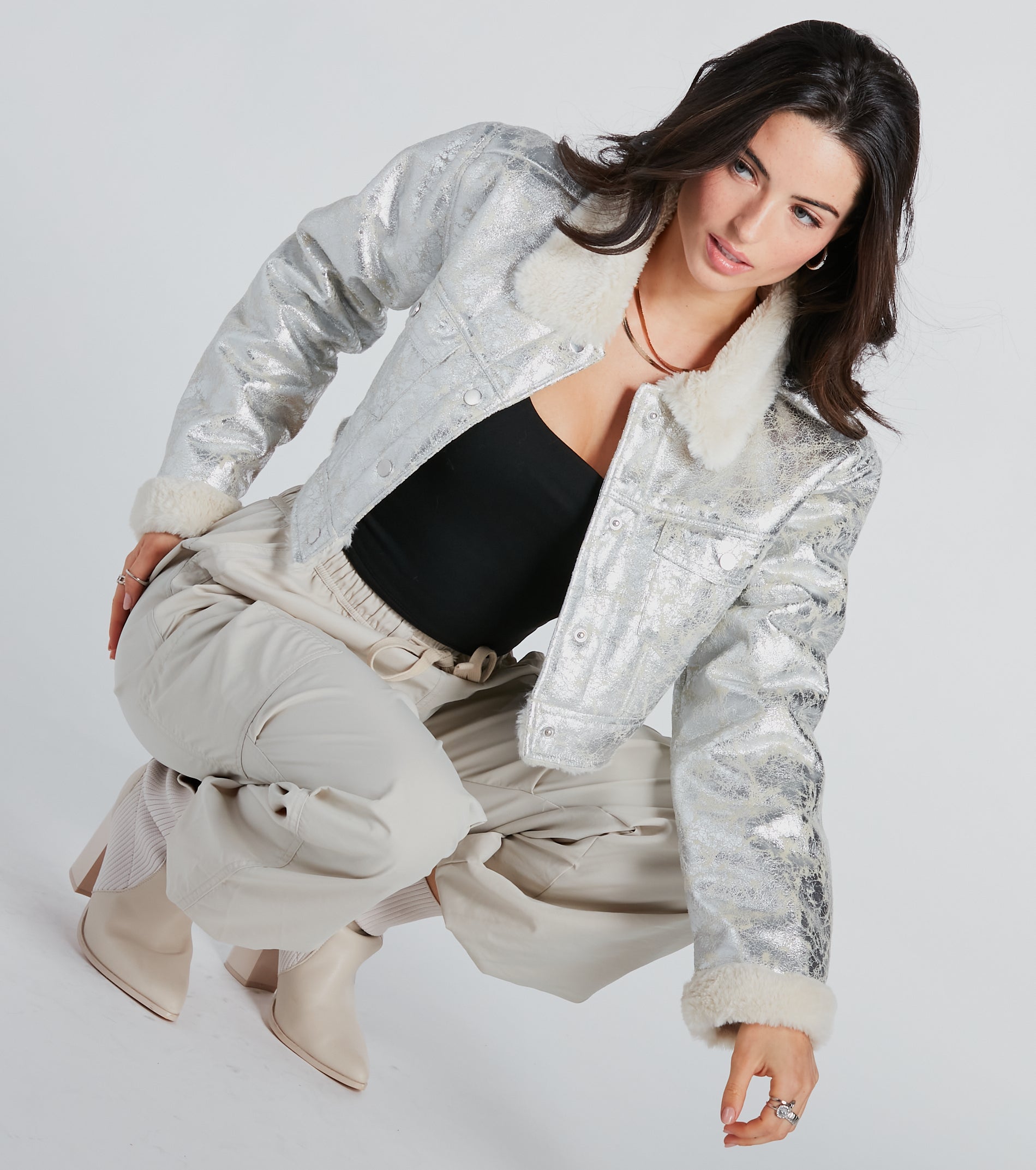 Premium Pop Diva Metallic Faux Fur Crop Jacket