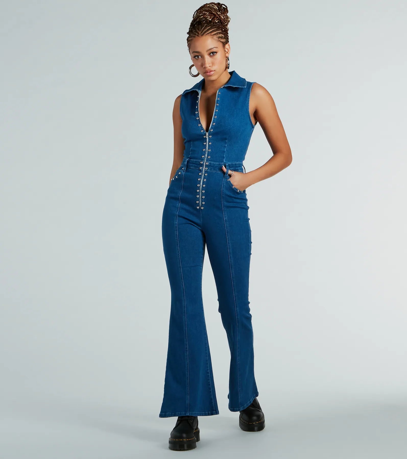 Ultimate Retro Chic Studded Denim Jumpsuit