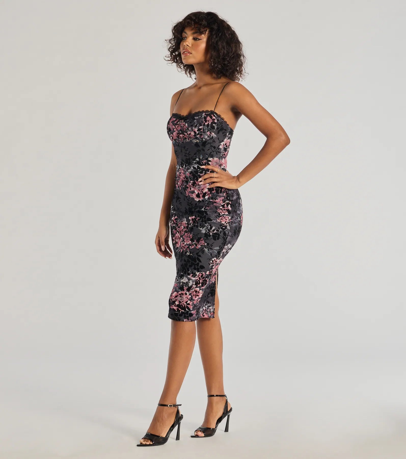 Premium Velvet Flocked Floral Mesh Bodycon Dress - Cocktail Party Essential