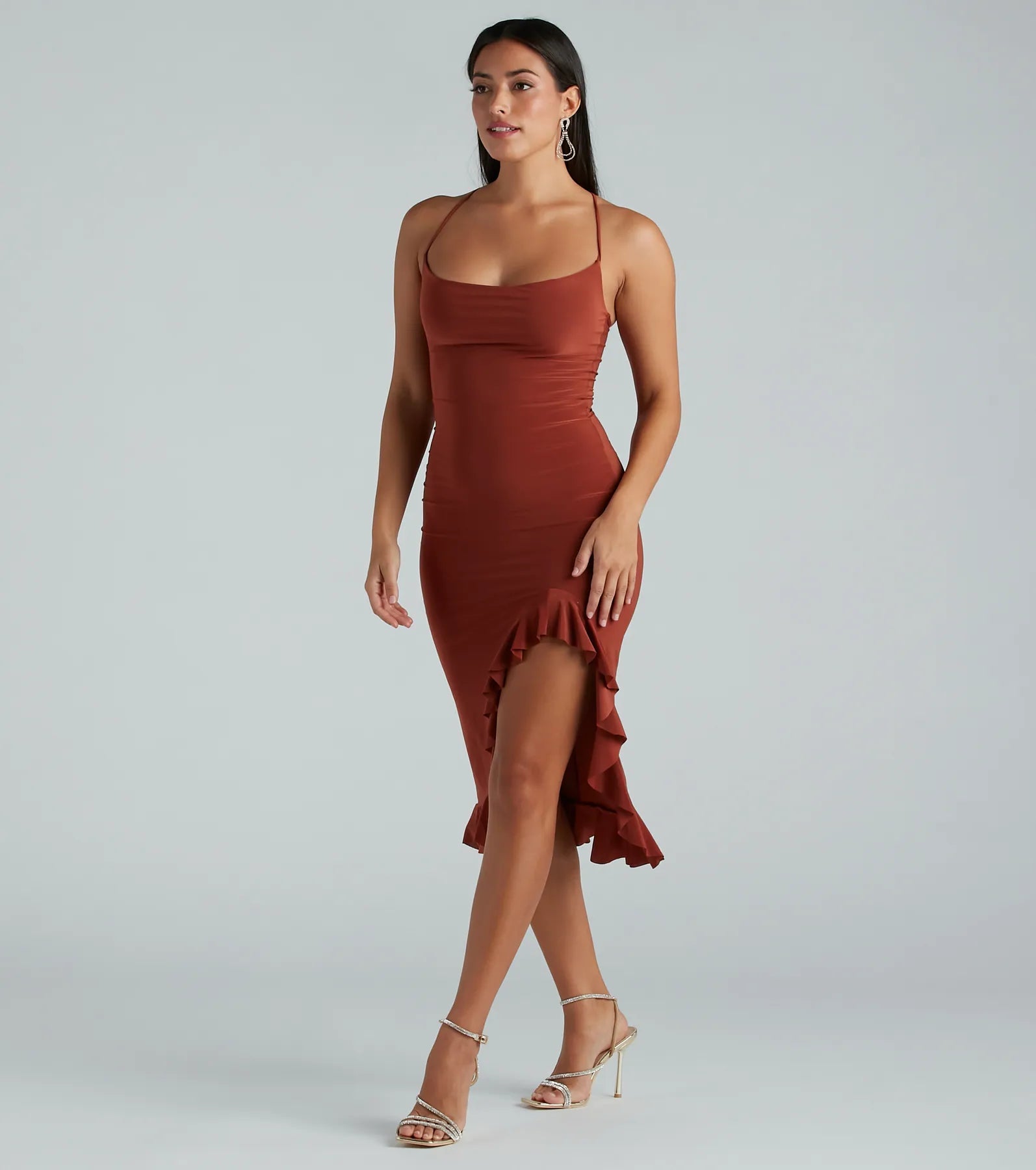 Ultimate Elegance: Premium Cowl Neck Ruffle Midi Dress