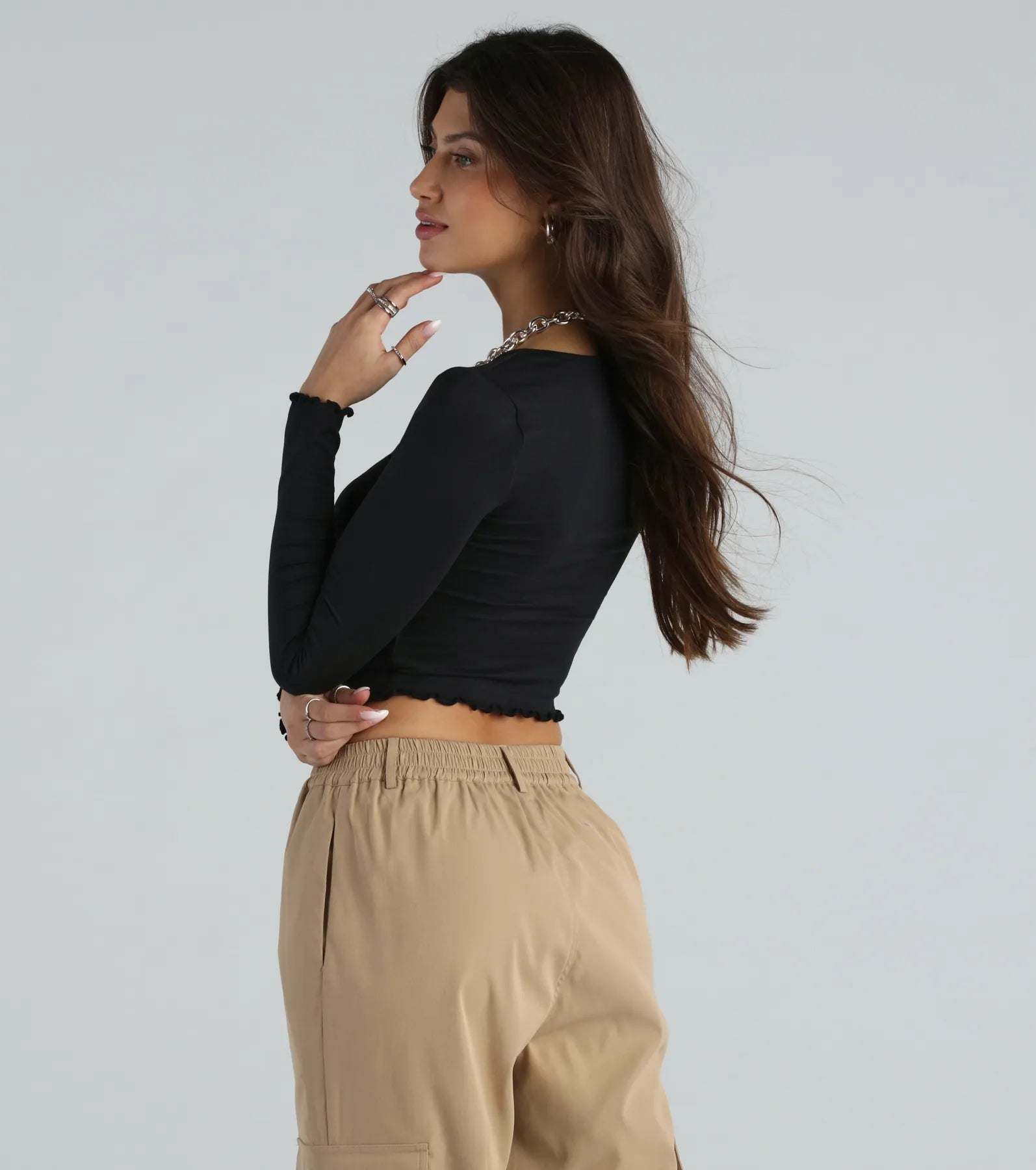 Premium Long Sleeve V-Neck Crop Top with Adjustable Drawstring