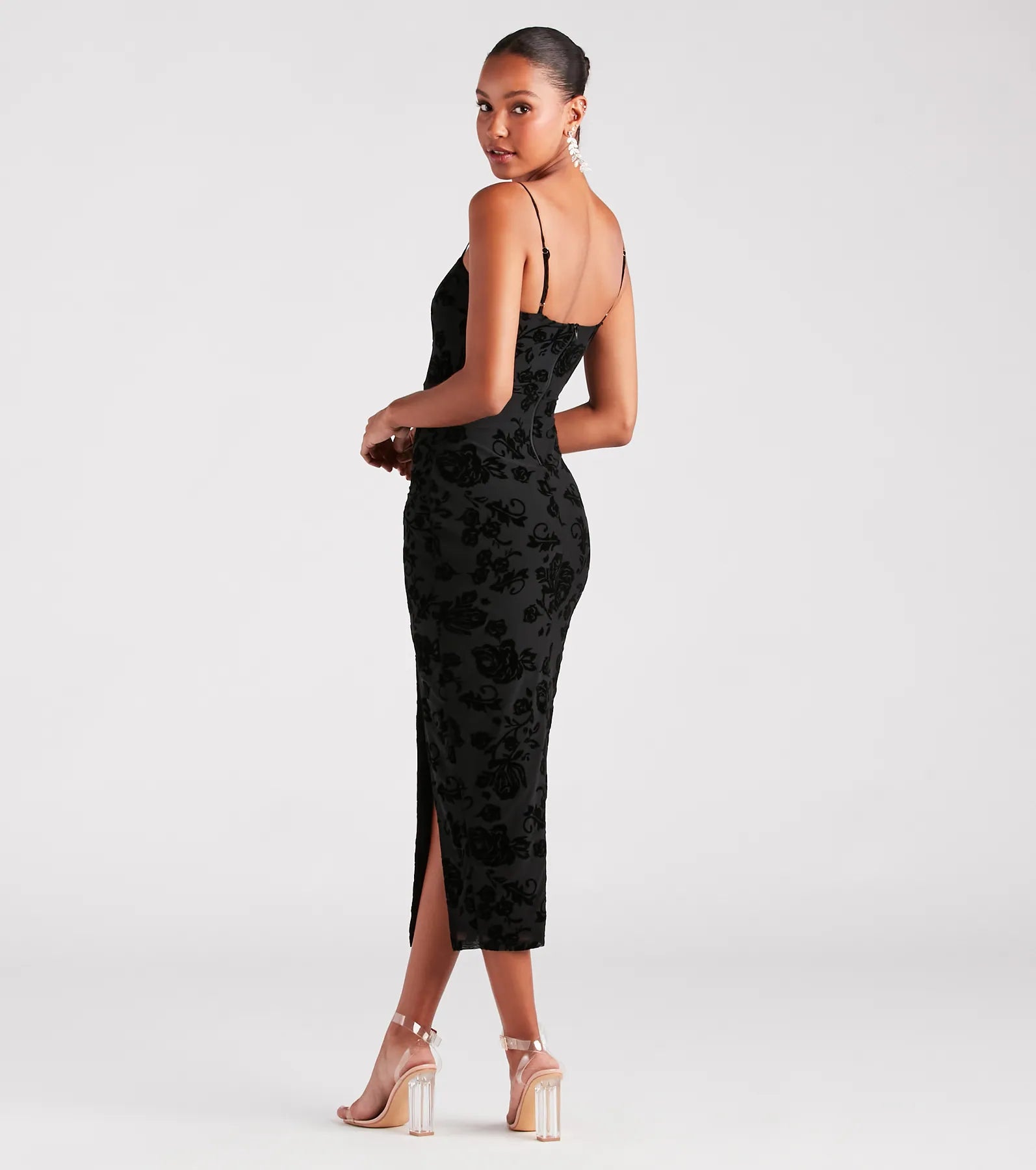 Premium Velvet Floral Midi Dress - Ultimate Cocktail Party Attire