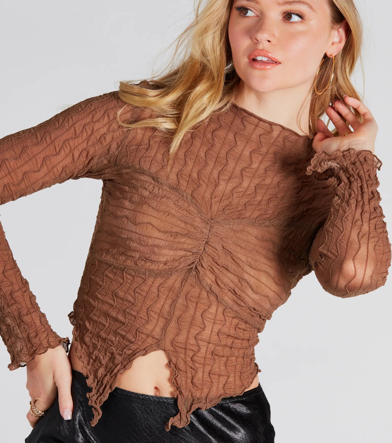 Premium Sheer Texture Mock Neck Crop Top - Effortless Chic Style