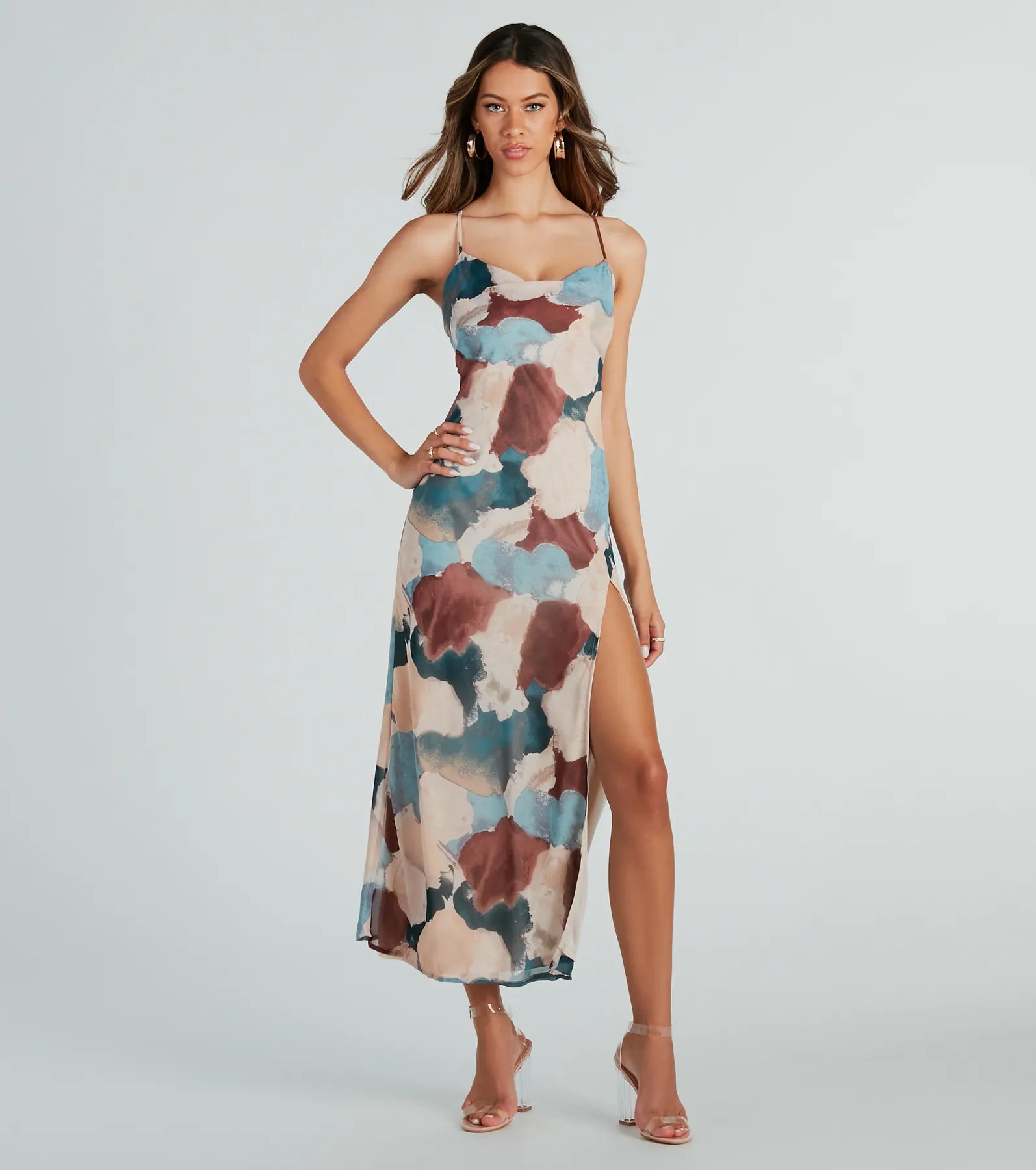 Ultimate Abstract Elegance High-Slit Midi Dress