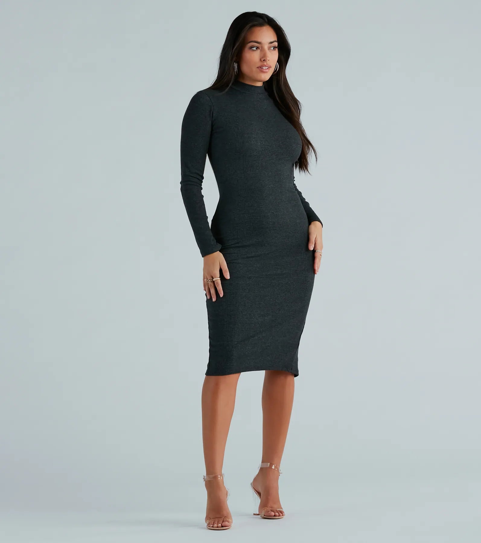 Premium Mock Neck Ribbed Midi Dress - Ultimate Comfort & Style