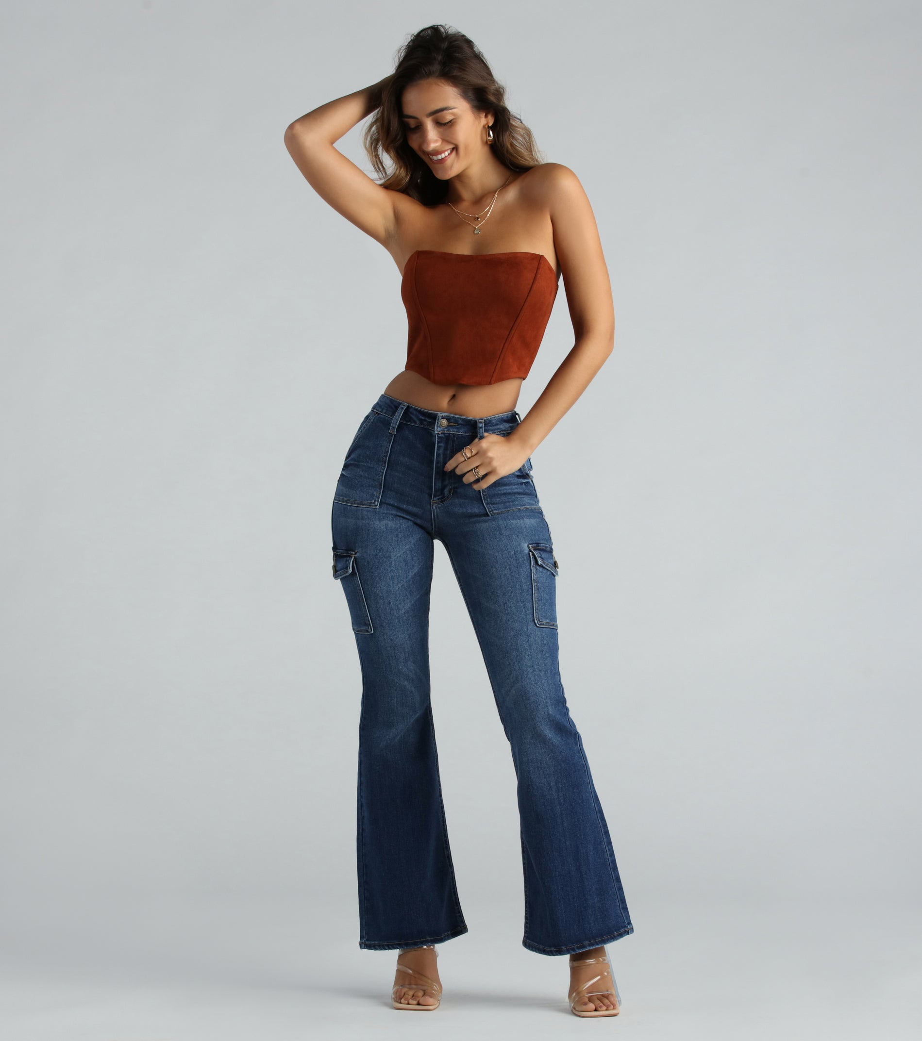 Ultimate High-Rise Cargo Flare Denim Jeans - Vintage Wash