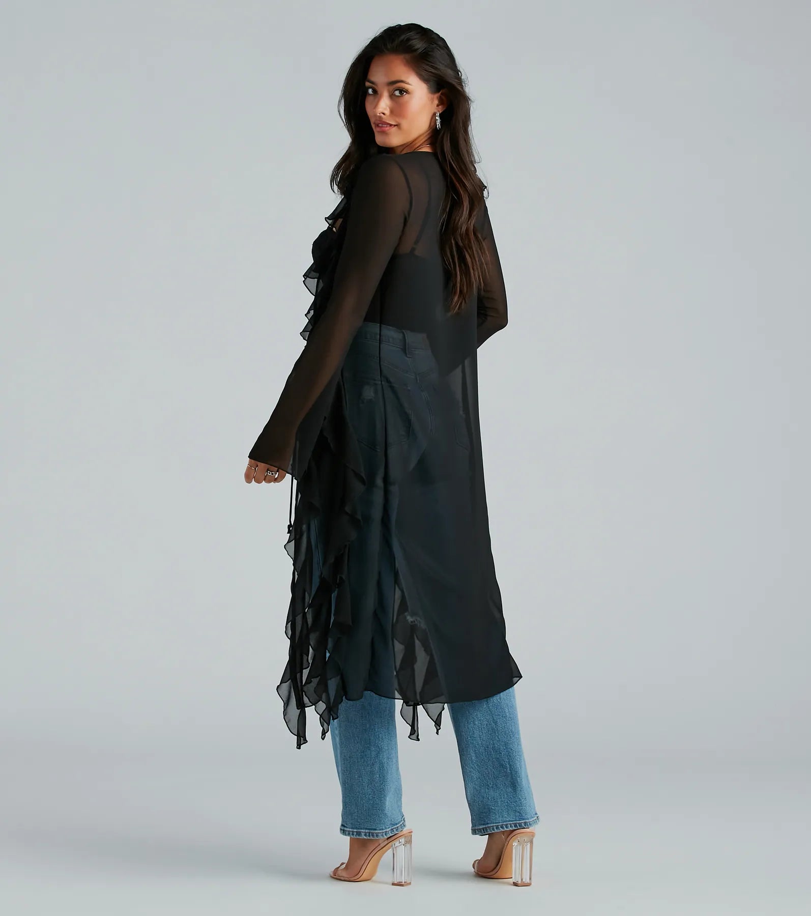 Premium Mesh Chiffon Ruffle Long Duster - Ultimate Elegance