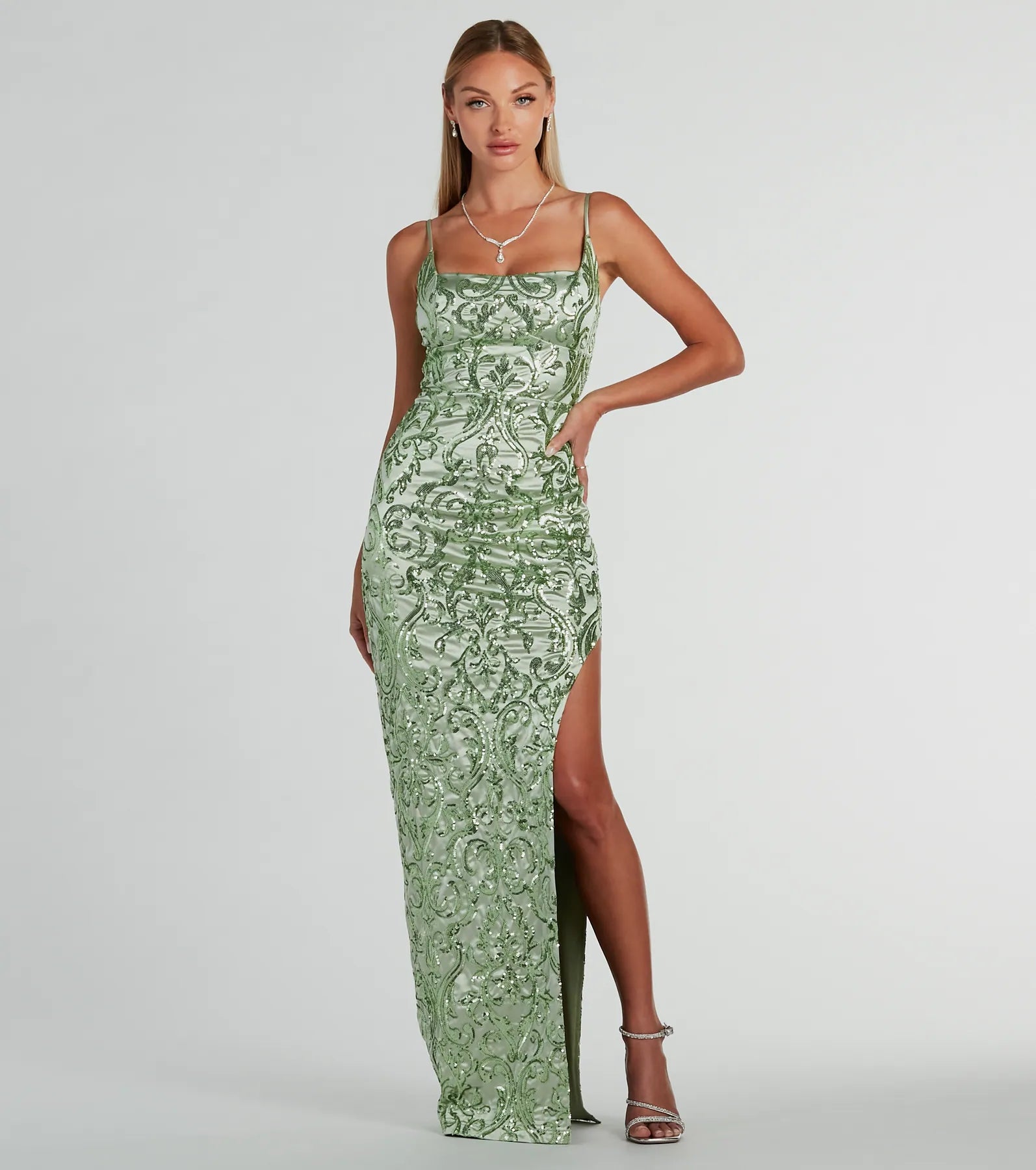Alessia Premium Square Neck Sequin Satin Evening Gown