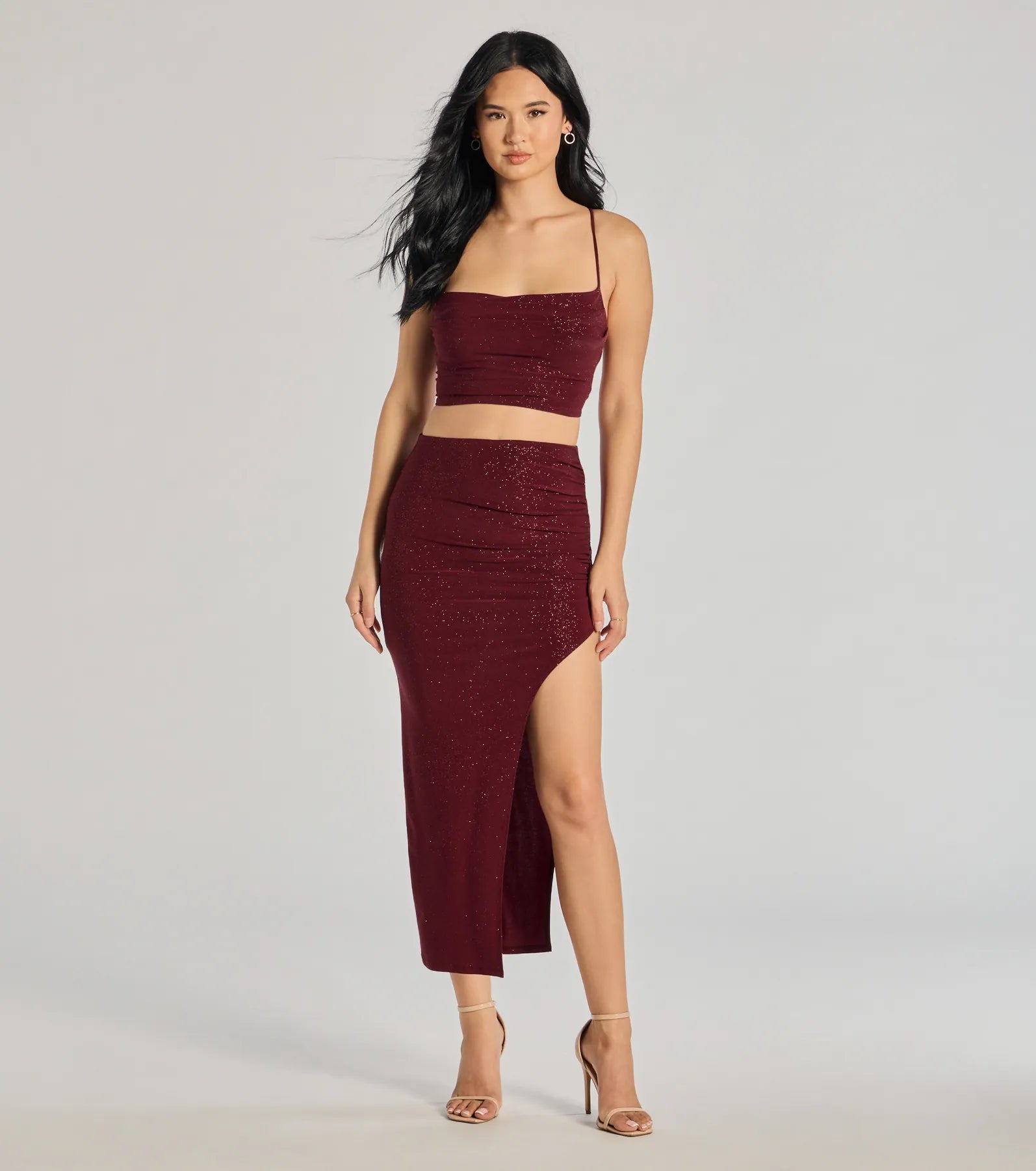 Ultimate Glitzy Affair High-Slit Glitter Midi Skirt - Premium Party Wear