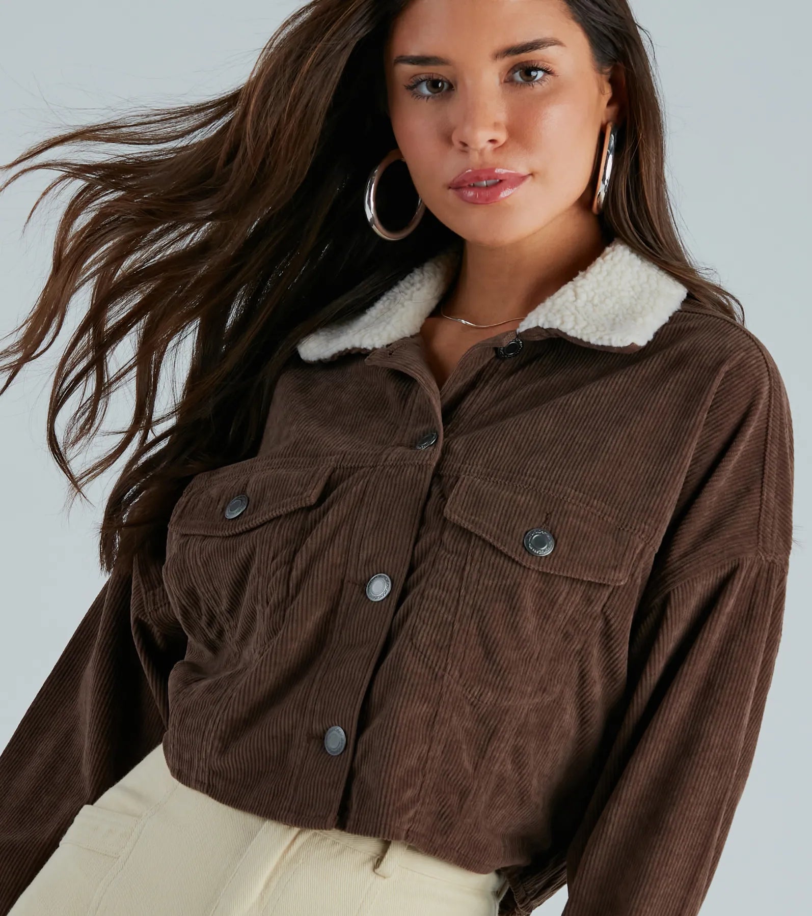 Premium Corduroy Crop Jacket with Faux Sherpa Collar