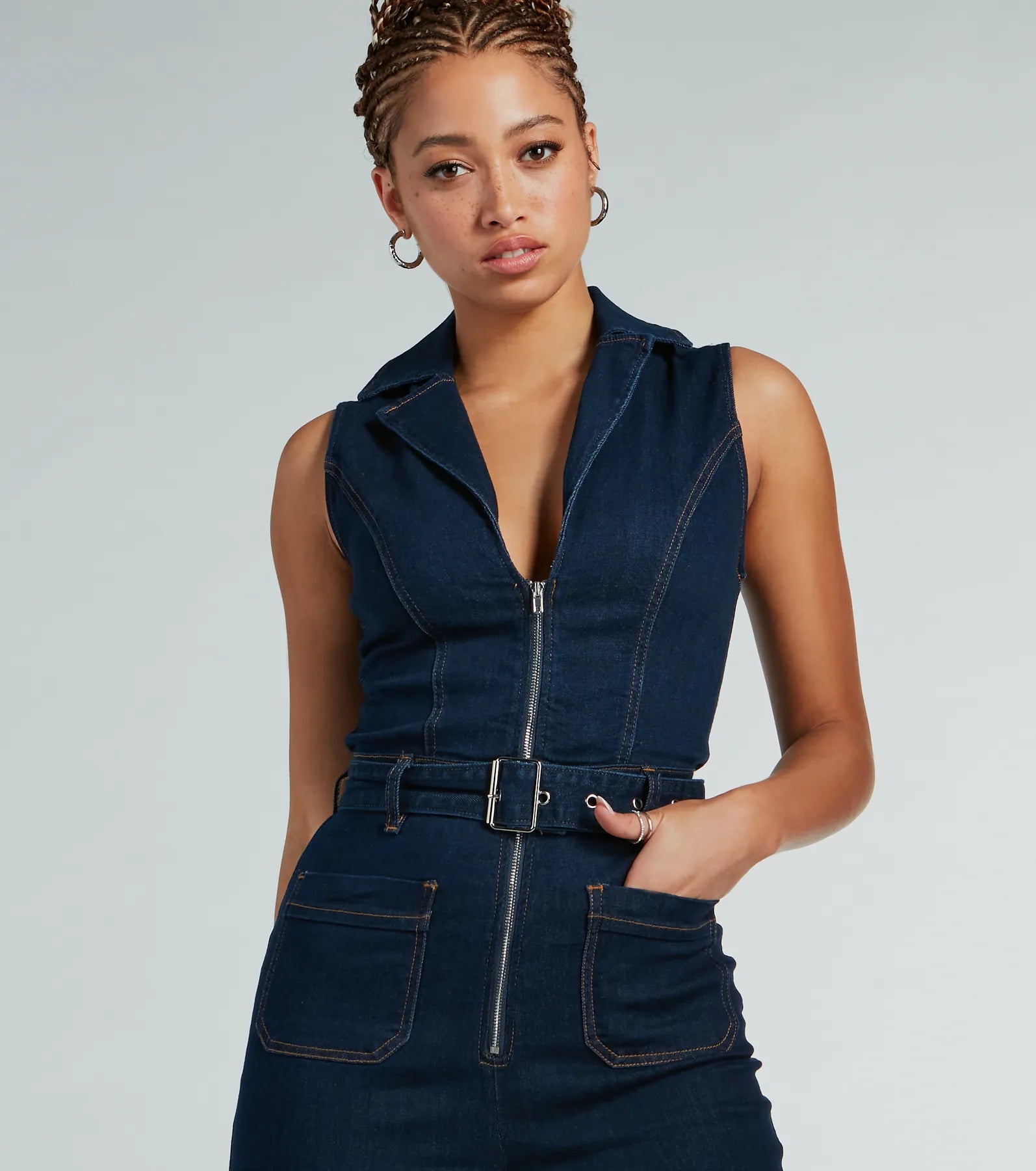 Ultimate Retro Denim Jumpsuit - Belted Flare-Leg Style