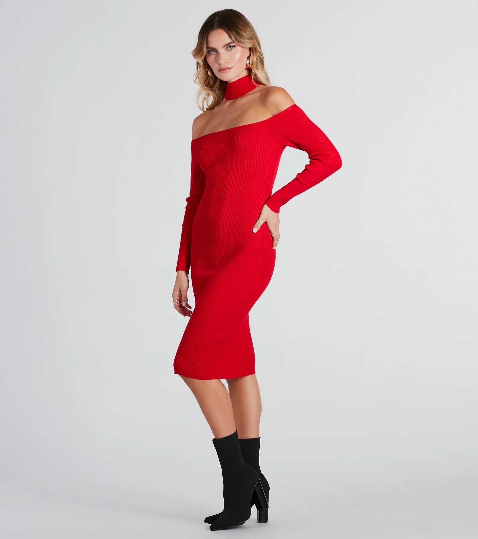 Premium Choker Neckline Sweater Midi Dress - Ultimate Elegance