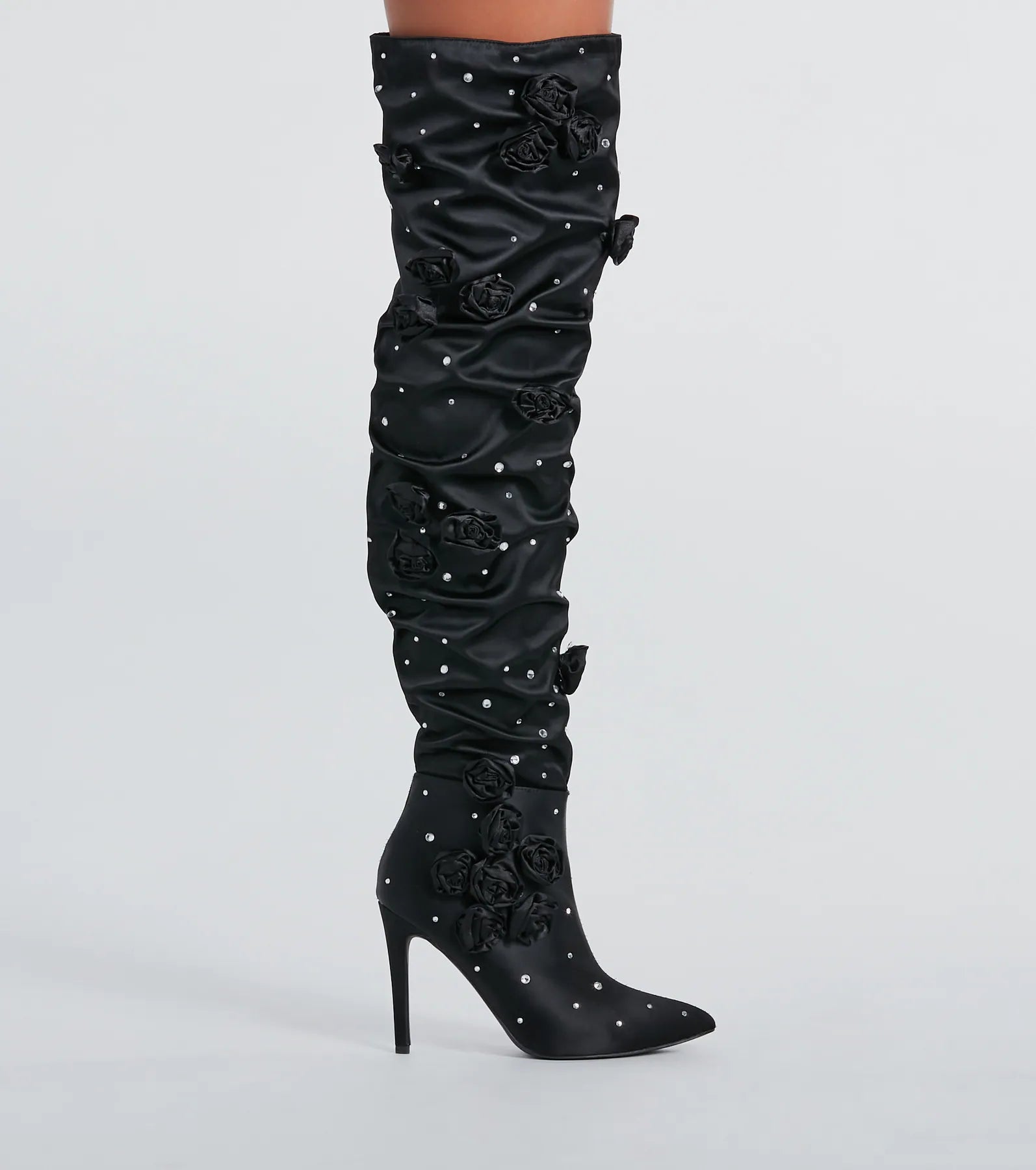 Ultimate Glam Rhinestone & Rosette Thigh-High Boots