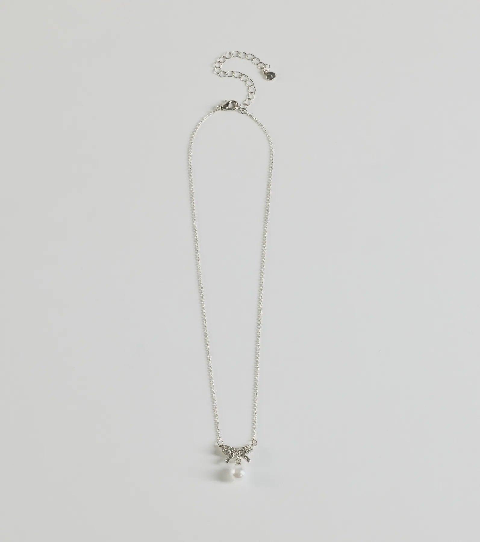 Premium Rhinestone Bow Necklace with Faux Pearl Accent