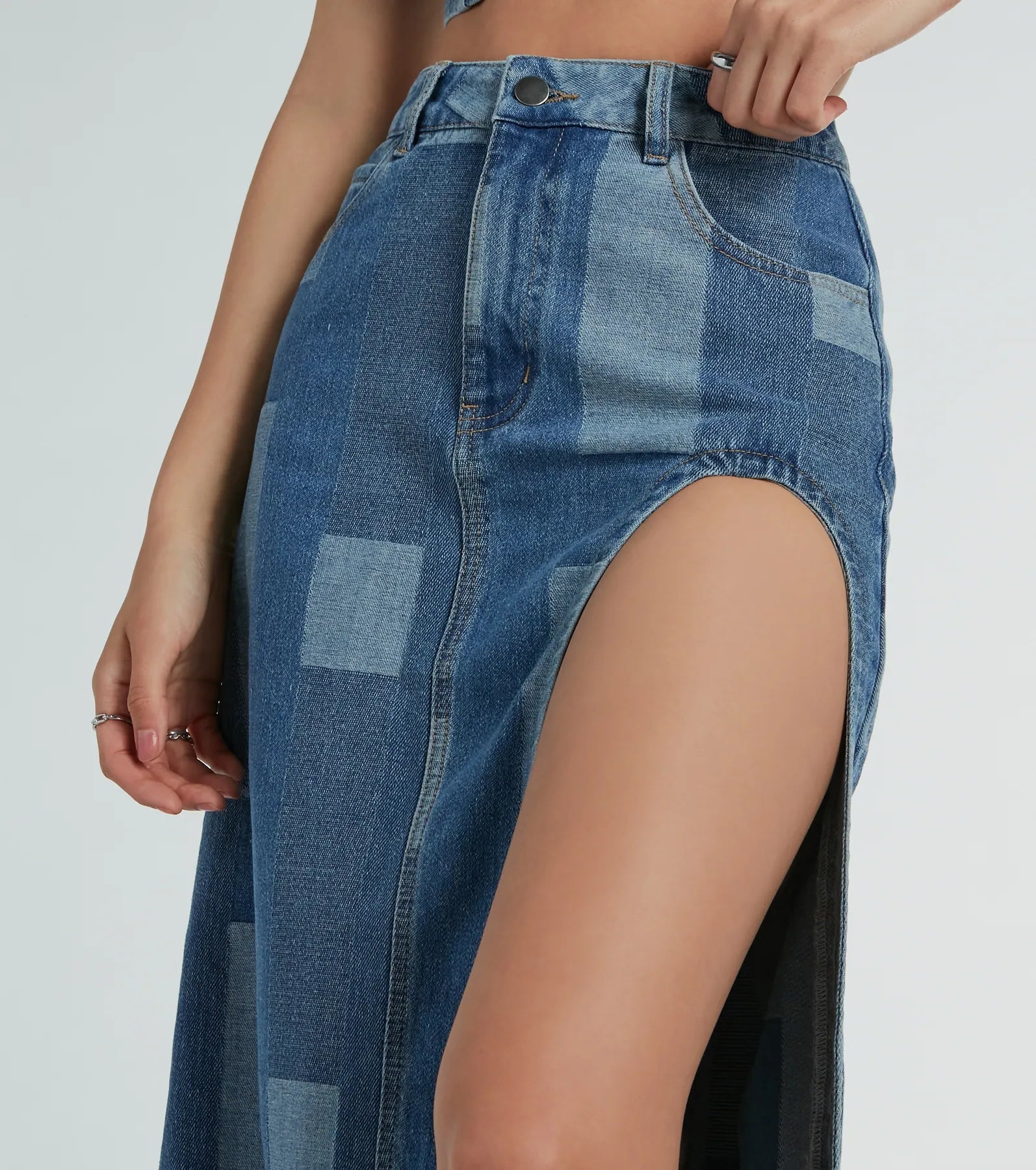 Ultimate Retro Chic High Slit Patchwork Denim Maxi Skirt