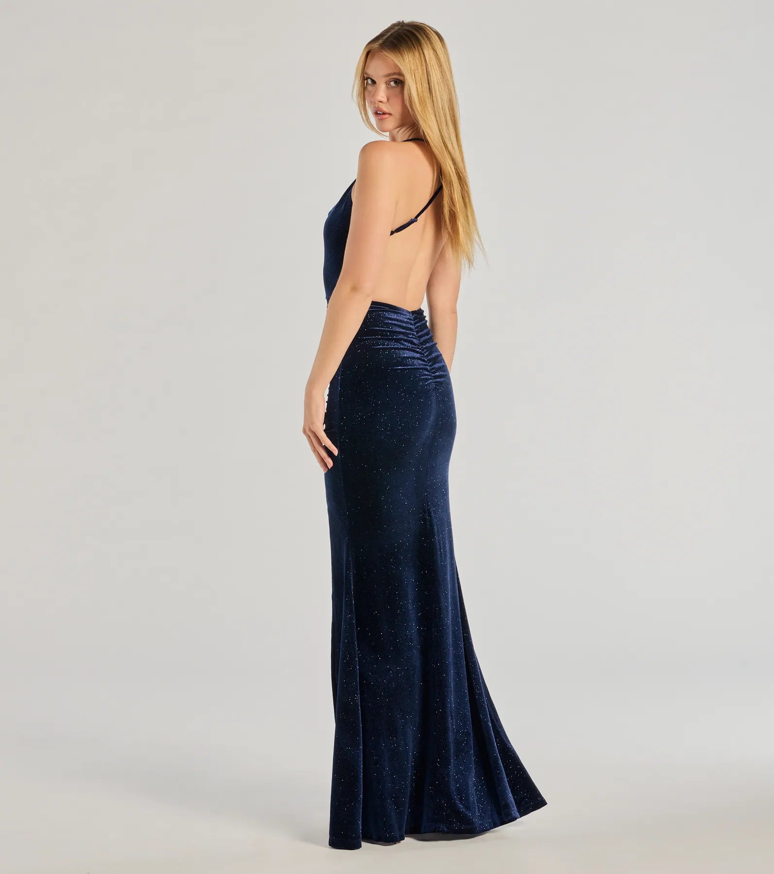 Premium Lyric Velvet Glitter Mermaid Gown with Open Back