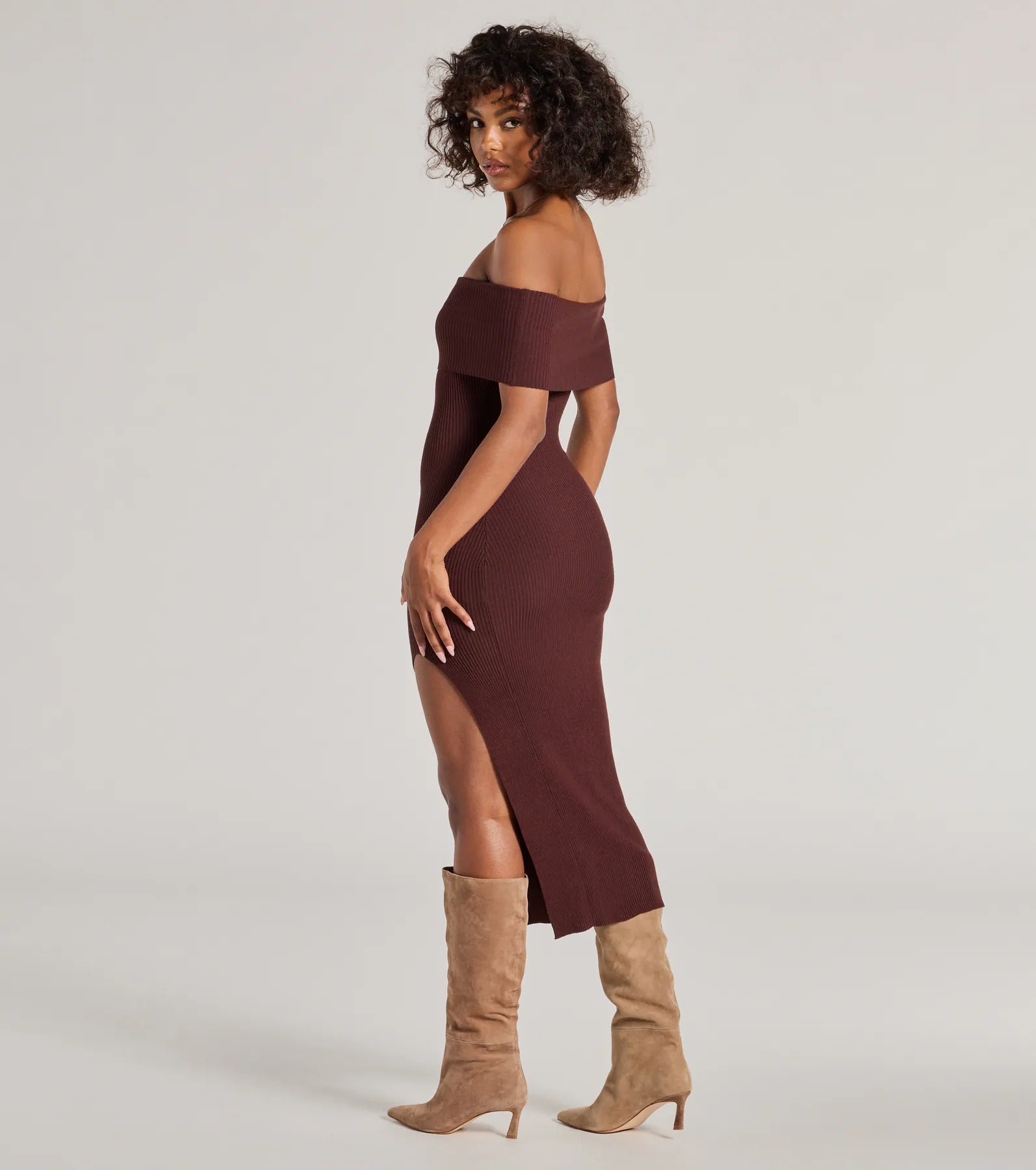 Premium Ribbed Knit Midi Dress with High Slit