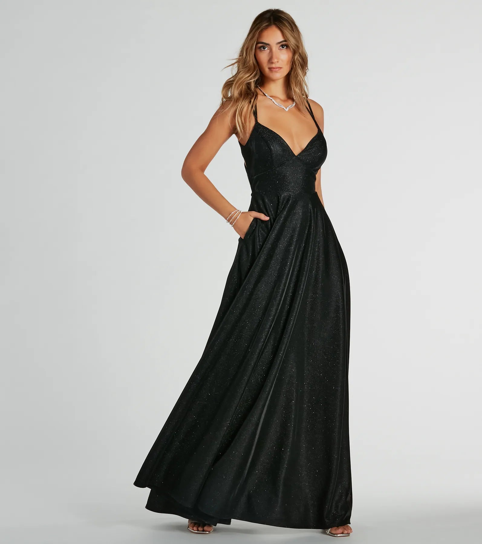 Sherry Glitter Formal Dress with Strappy Back & Hidden Pockets