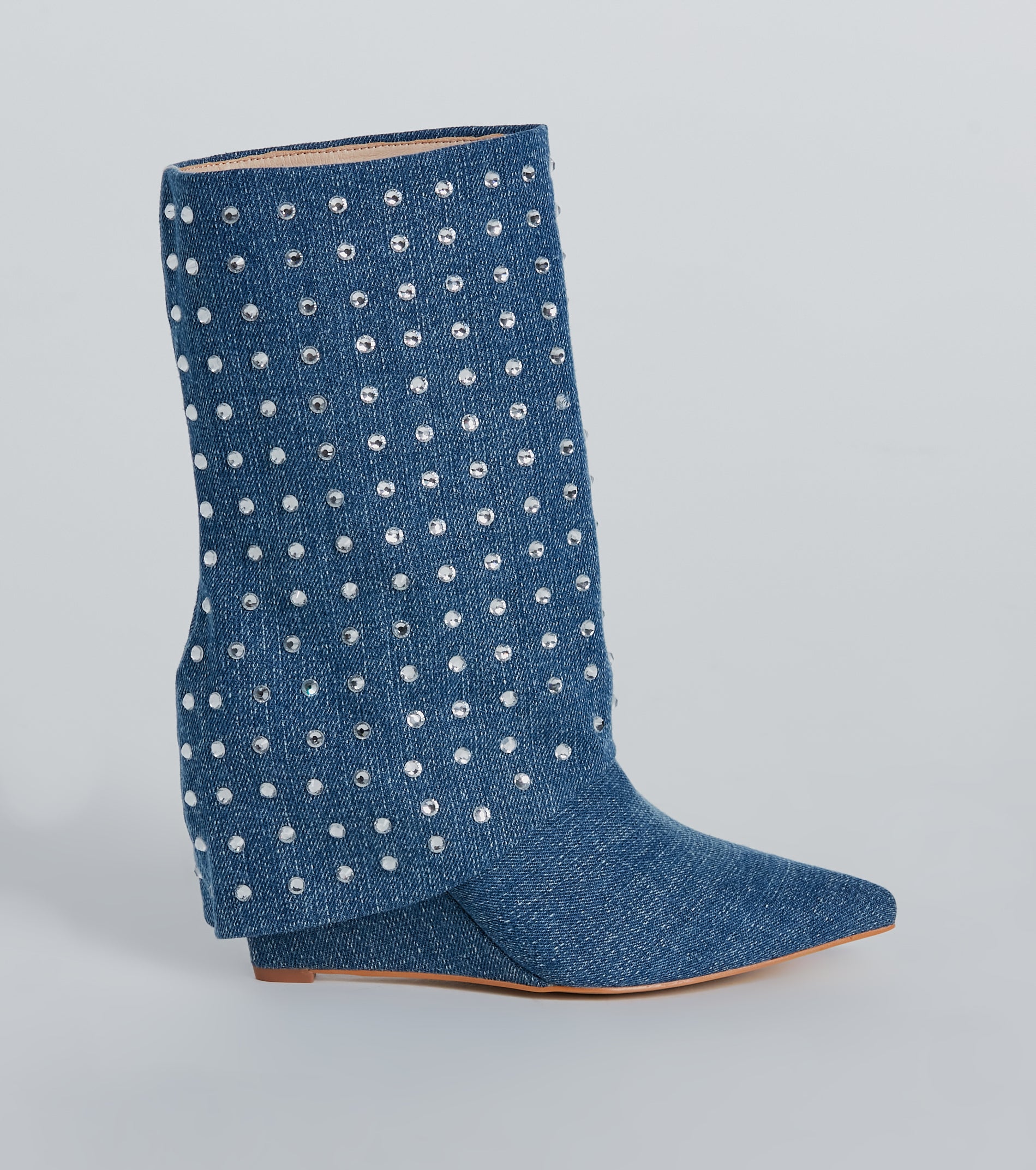 Ultimate Glam Rhinestone Fold-Over Denim Boots