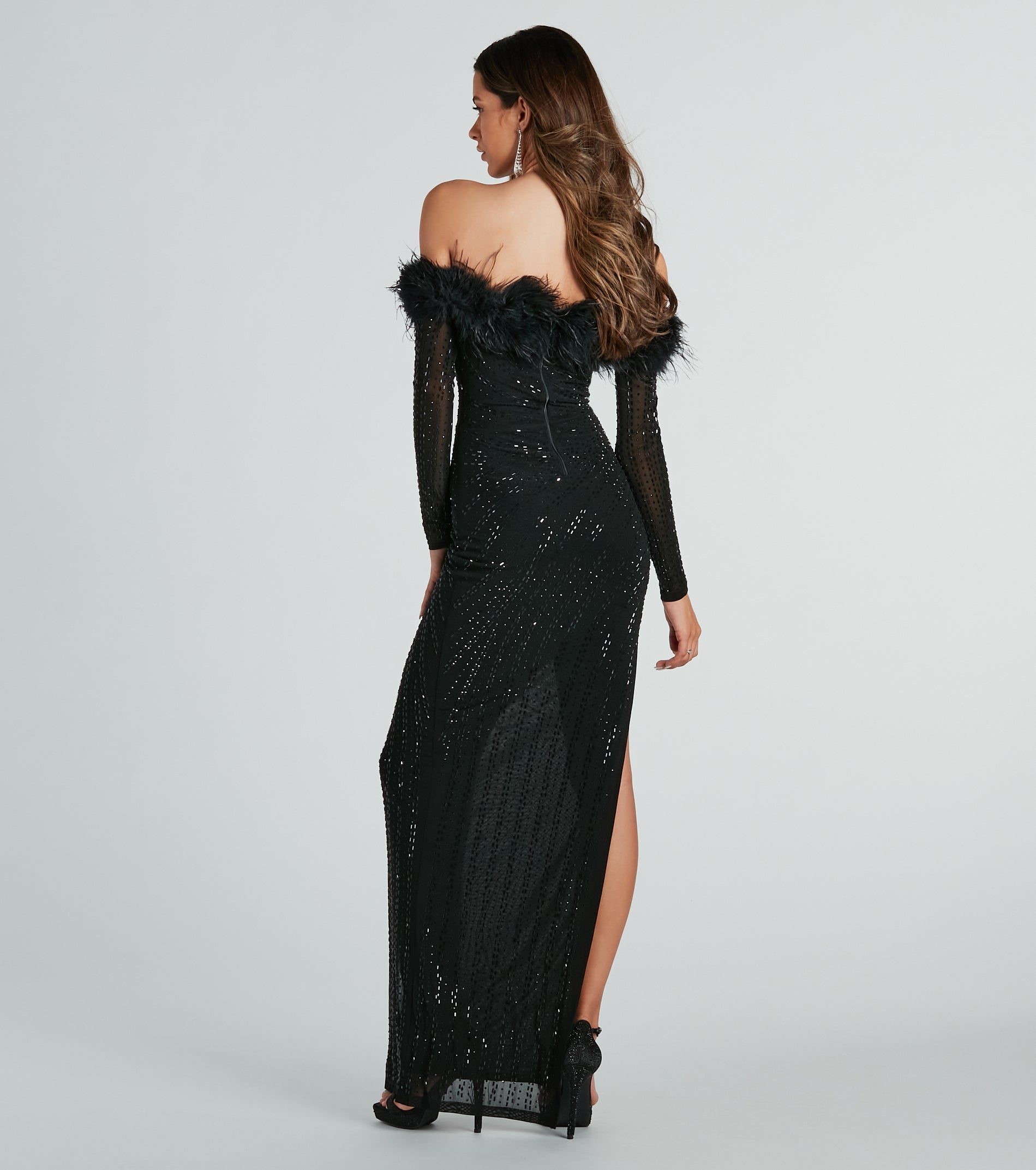 Chloe Premium Feather & Rhinestone Mesh Evening Gown